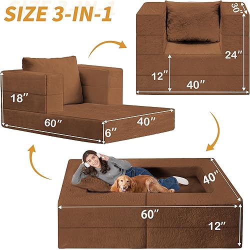 Miniatura 92 de Cama humana gigante para perro, cama 3 en 1 para perro de tamaño humano con funda de piel sintética lavable, cama grande plegable para mascotas con