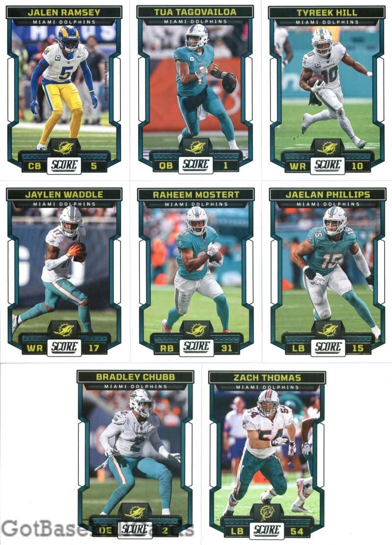 2023 Score Veteran Miami Dolphins Team Set of 8 Cards: Jalen Ramsey(#166), Tua Tagovailoa(#272), Tyreek Hill(#273), Jaylen Waddle(#274), Raheem Mostert(#275), Jaelan Phillips(#277), Bradley Chubb(#278), Zach Thomas(#279) - Sportscard Superstore