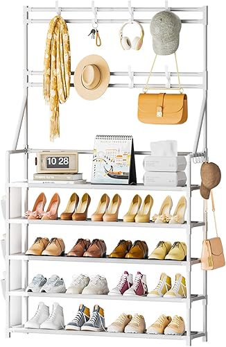 OYREL Zapatero de 5 niveles, organizador de zapatos de 20 a 25 pares para armario, entrada, estante de almacenamiento de zapatos con ganchos y