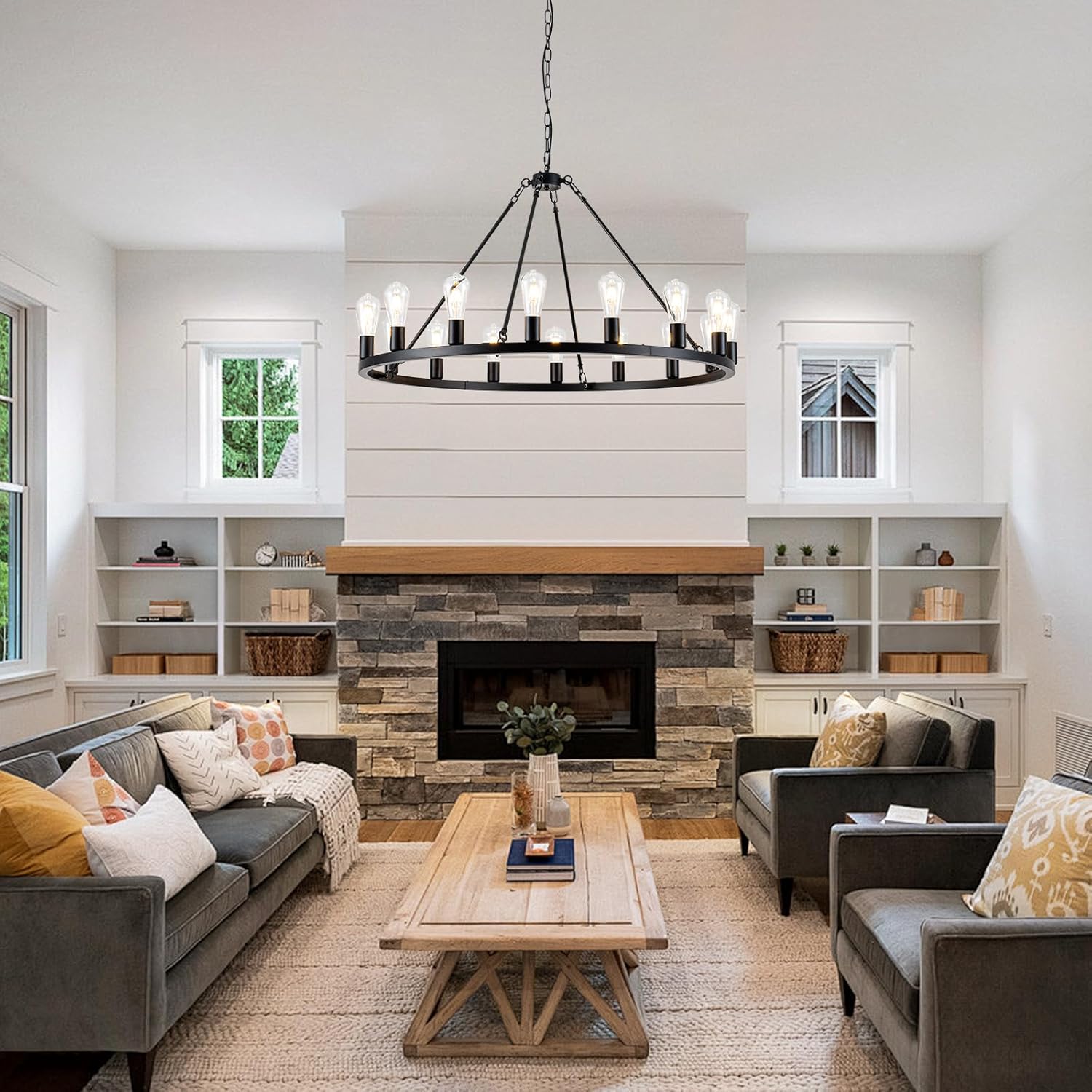 16-Light Black Wagon Wheel Chandelier, 40 inch Farmhouse Chandelier Dining Room, Round Rustic Chandeliers, Vintage Ceiling Hanging Pendant Light Fixture for Kitchen Island Living Room Bedroom Foyer