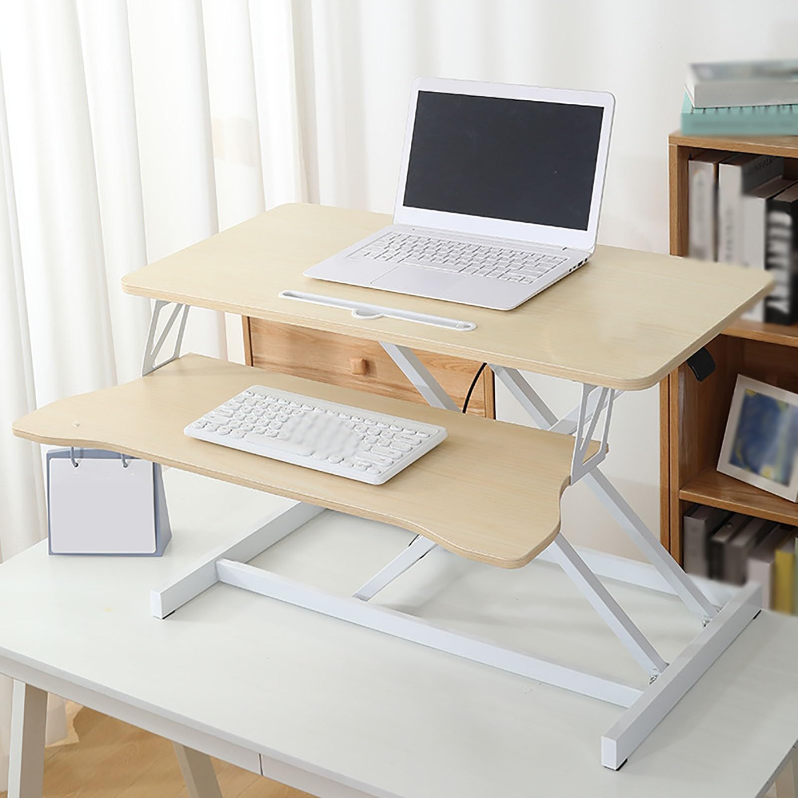 Poste Travail Assis-Debout Réglable Convertisseur Bureau Hauteur Ajustable Station Assis Debout Standing Desk Converter Natural wood color