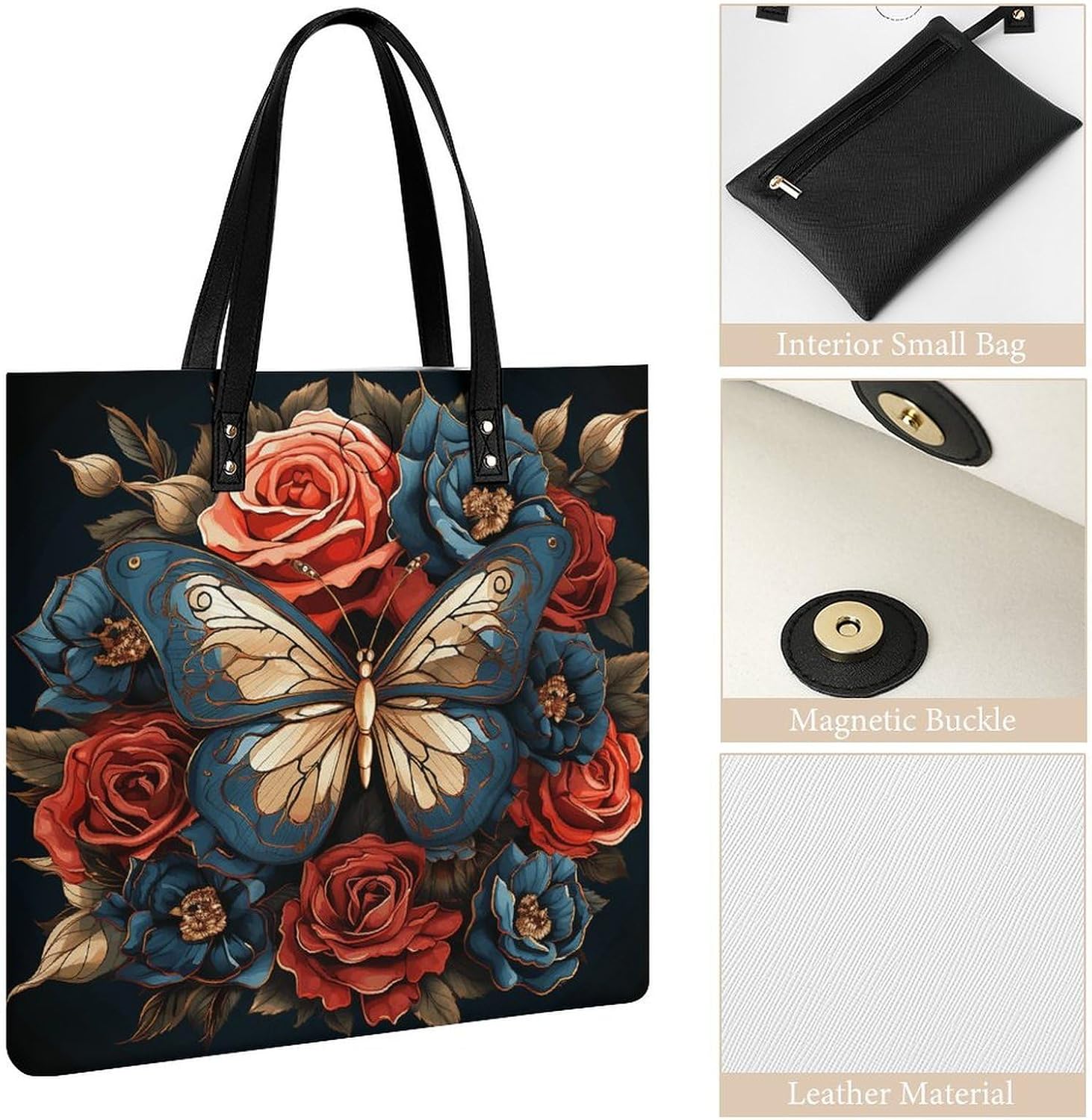 Butterflies And Roses Handbags Large Capacity, Tote Bag Stylish Slouchy, Shoulder Bags for Work Beach Travel And Shopping Grocery.