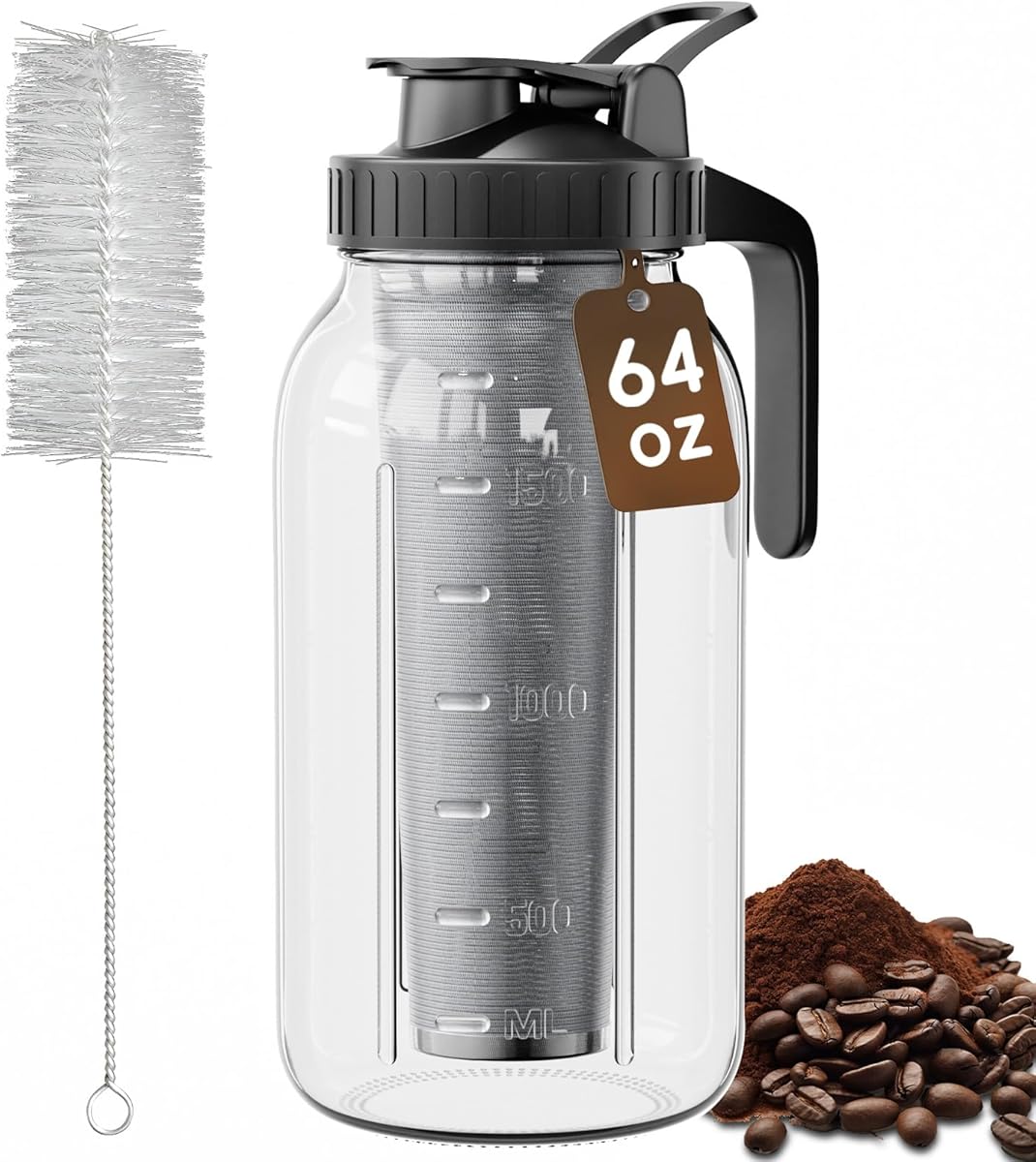 Cold Brew Coffee Maker 64oz, Iced Coffee Maker with 304 Stainless Steel Filter, Mason Jar Pitcher with Lid and Spout (Black)