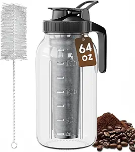 Cold Brew Coffee Maker 64oz, Iced Coffee Maker with 304 Stainless Steel Filter, Mason Jar Pitcher with Lid and Spout (Black)