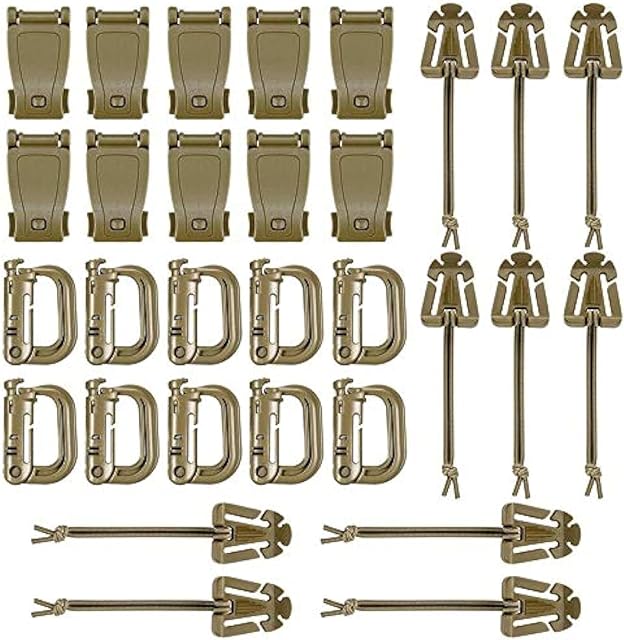 BOOSTEADY Kit of 30 Attachments for Molle Bag Tactical Backpack Vest Belt,D-Ring Grimloc Locking Gear Clip, Web Dominator Elastic Strings, Strap Management Tool Buckle