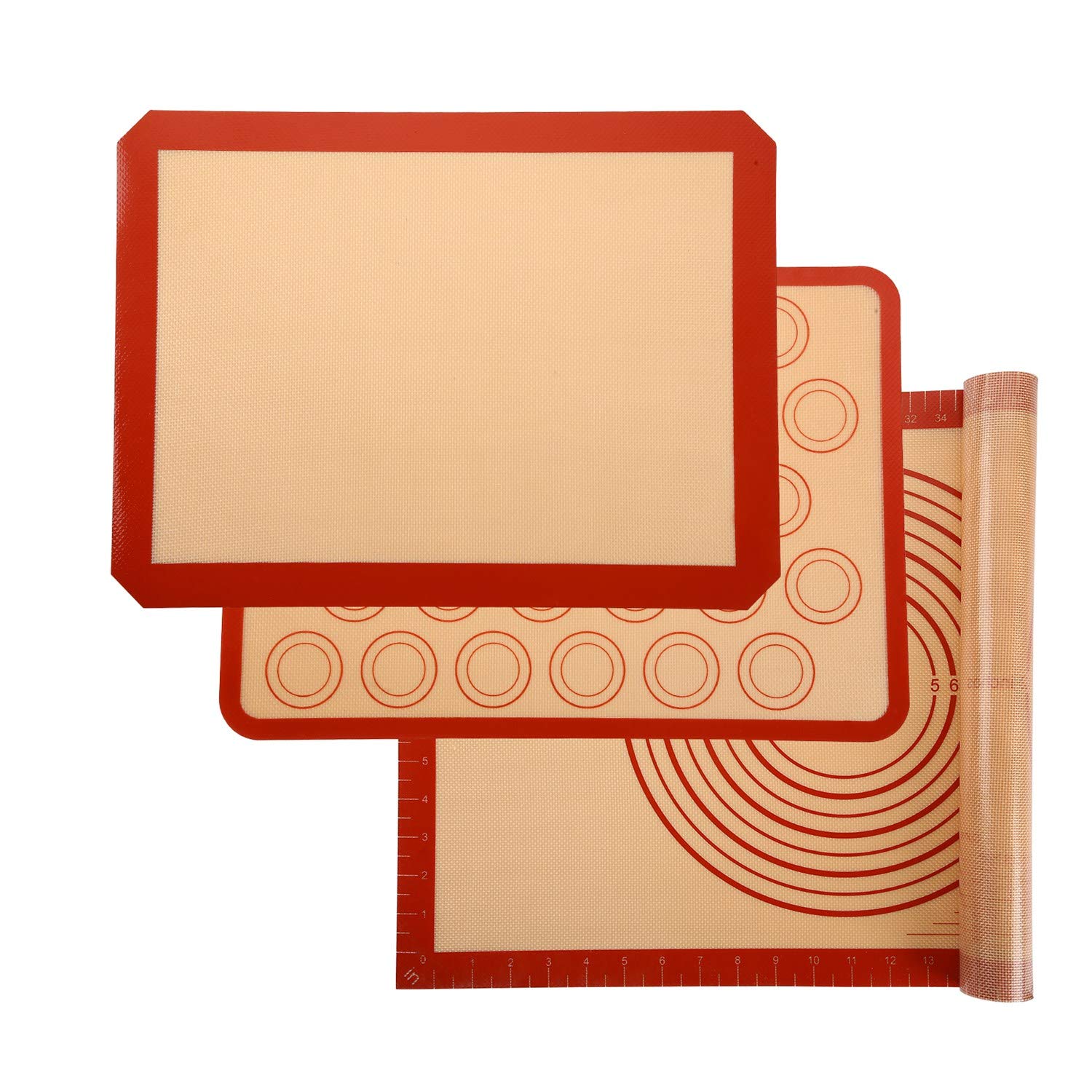 Silikon-Backmatten mit Messung – Set von 3 Blatt (1 große, 2 Hälfte) Antihaft-Backmatte zum Ausrollen von Teig Küche Knetmatte für Kekse, Macaron, Brot, Pizza, Kuchen Wiederverwendbare Ofeneinlage