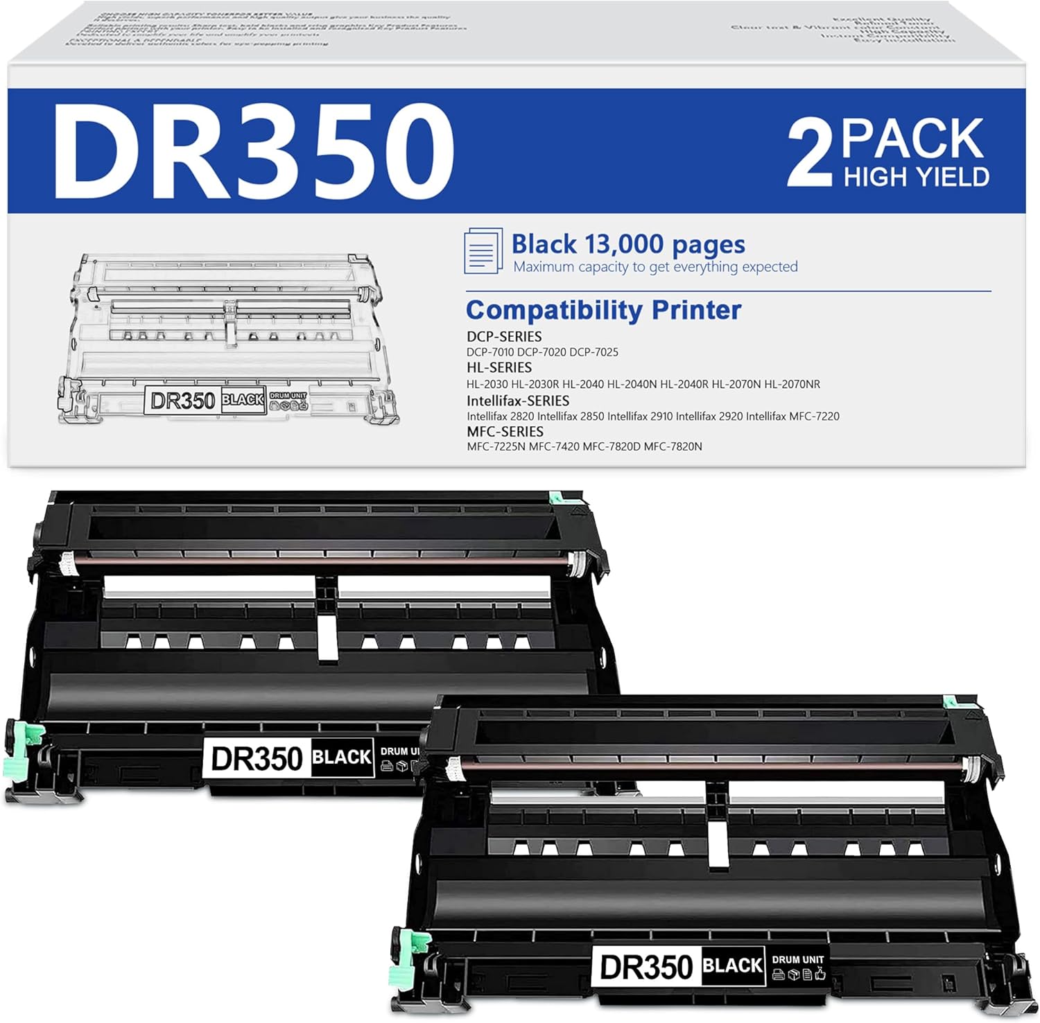 DR350 Drum Unit Replacement for Brother DR-350 DR 350 Drum Unit High Yield Intellifax 2820 Intellifax 2920 HL-2070N HL-2040 DCP-7020 MFC-7820n Printer (2 Black)