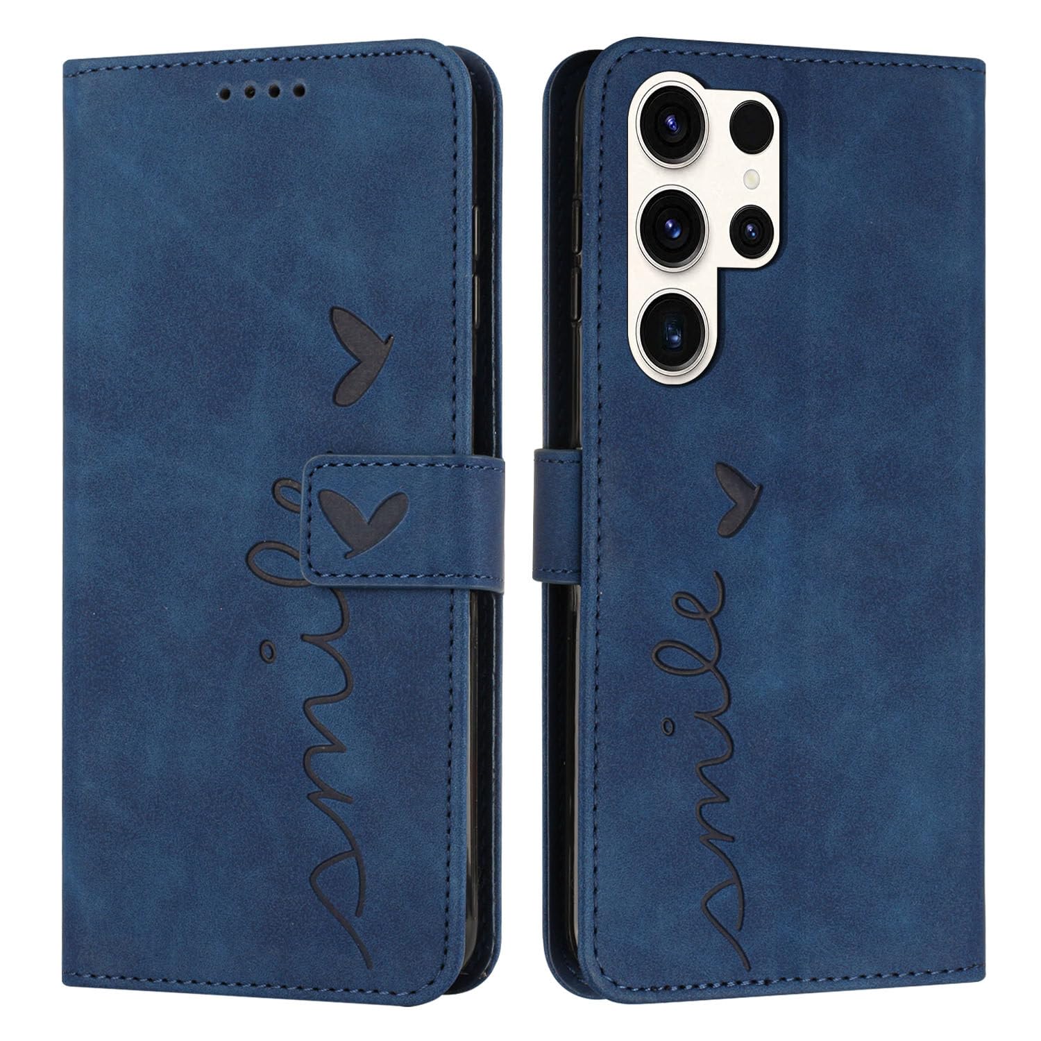 SUPWALL Compatible for Samsung Galaxy S24 Ultra 5G Wallet Case Skin Feel Embossed Love Heart Leather Folio Case Card Holders Stand Flip Case with Wrist Strap - Blue