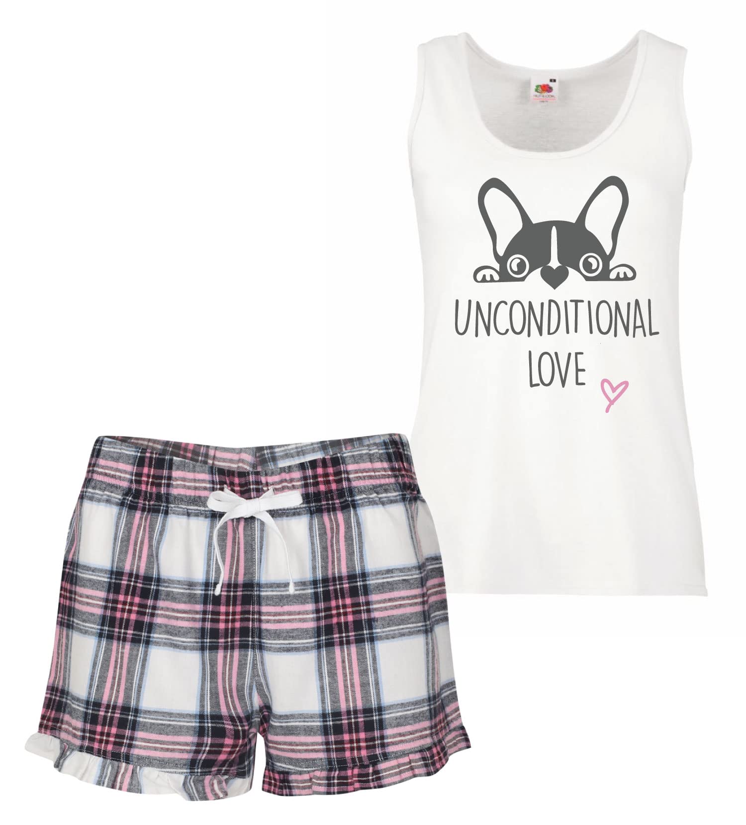 60 Second Makeover Limited Frenchie Unconditional Love Pyjamas For Women PJs Ladies PJs Tartan Frill Short Pyjama Set French Bulldog Gifts French Bull Dog PJ's - X Small Pink