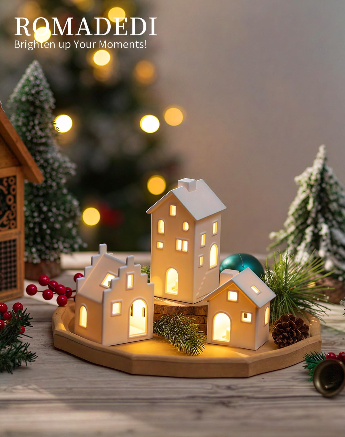 Romadedi Casas blancas de pueblo de Navidad: casa de cerámica, decoración de Navidad, mini juego de pueblo de porcelana con luces LED para mesa, mantel, estante, Navidad, invierno, vacaciones, hogar