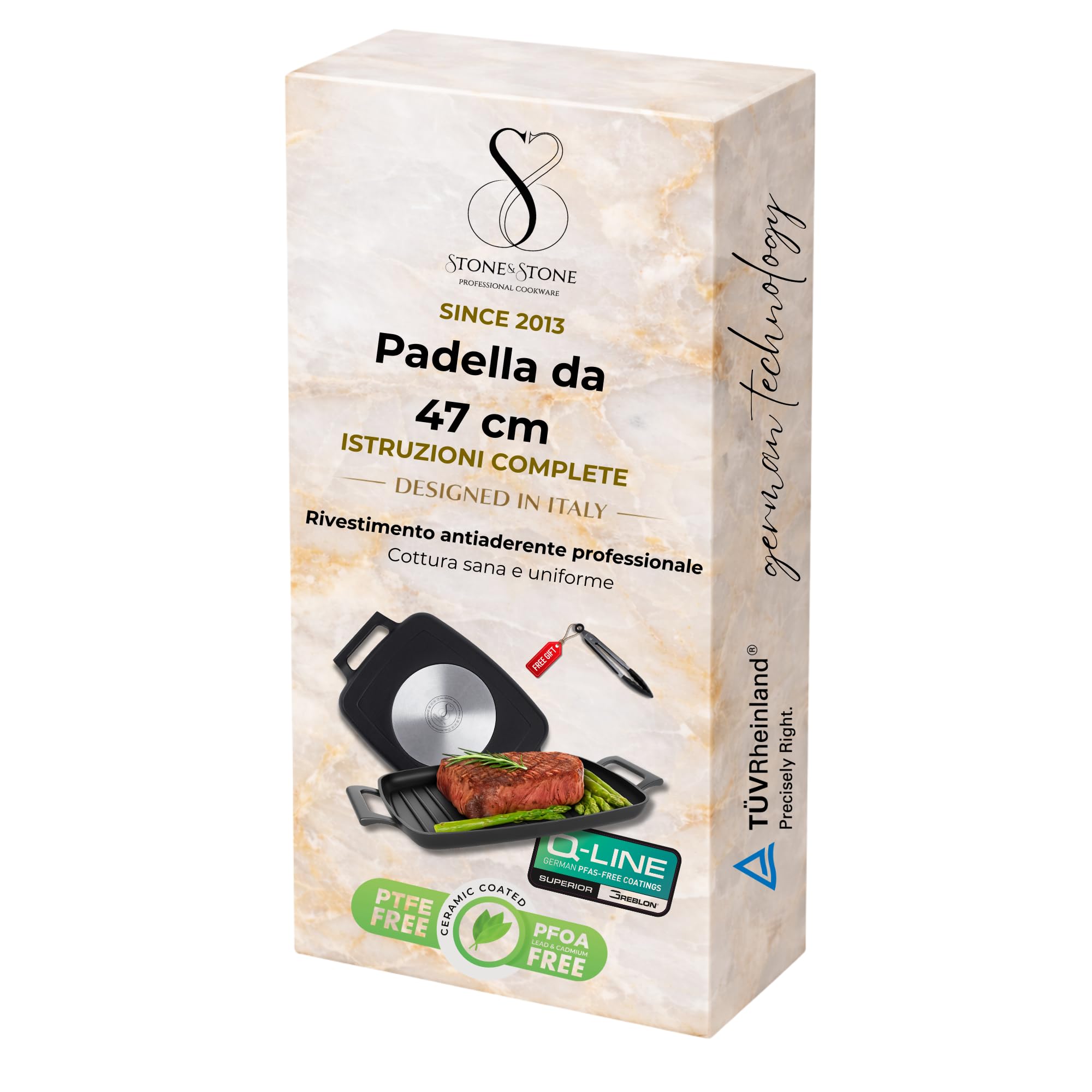 Stone&Stone Piastra Grill Induzione Rettangolare, Bistecchiera BBQ Professionale Super Antiaderente, Rivestimento Tedesco Greblon, Fondo Acciaio Pieno, Forno e Gas, Senza PFAS, PTFE e PFOA + pinza