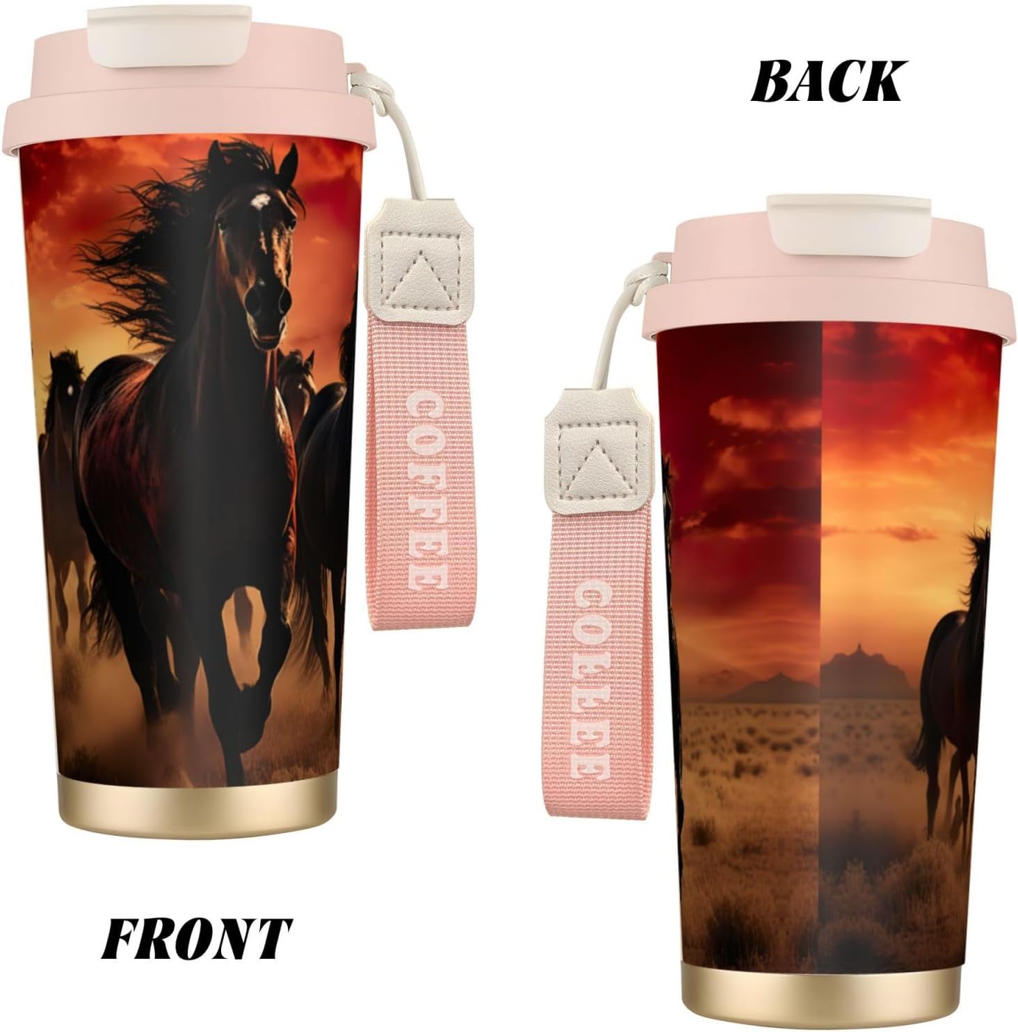 Black Horses Print Leakproof Insulated Coffee Mug,Stainless Steel Dual Drink Travel Tumbler,17 OZ