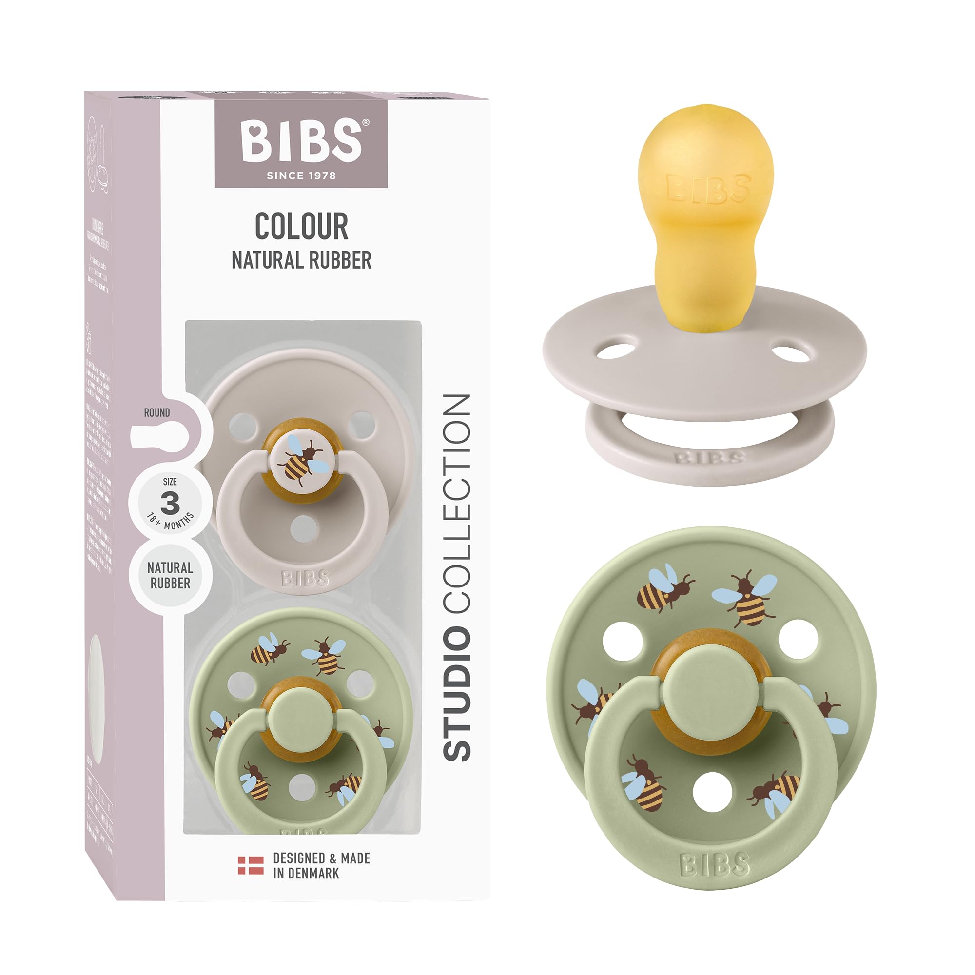 BIBS Colour Studio Soother 2-Pack, BPA Free Dummy Pacifier, Round Nipple. Natural Rubber Latex, Made in Denmark, Size 2 (6-18 Months), Violet Sky/Petal — view 46