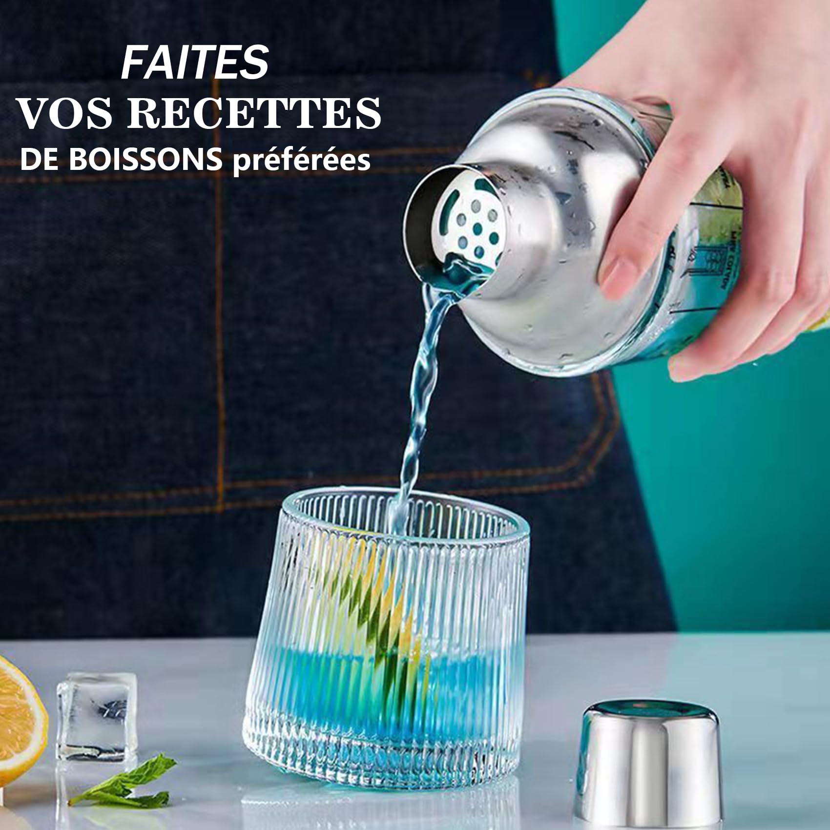 Cocktail Shaker 14oz Glass Shaker Set, 6PCS Bartender Kit, Mélangeur à Martini avec passoire pour Barman, Un Ensemble d'outils de Bar Professionnel pour Les barmans et Les débutants.