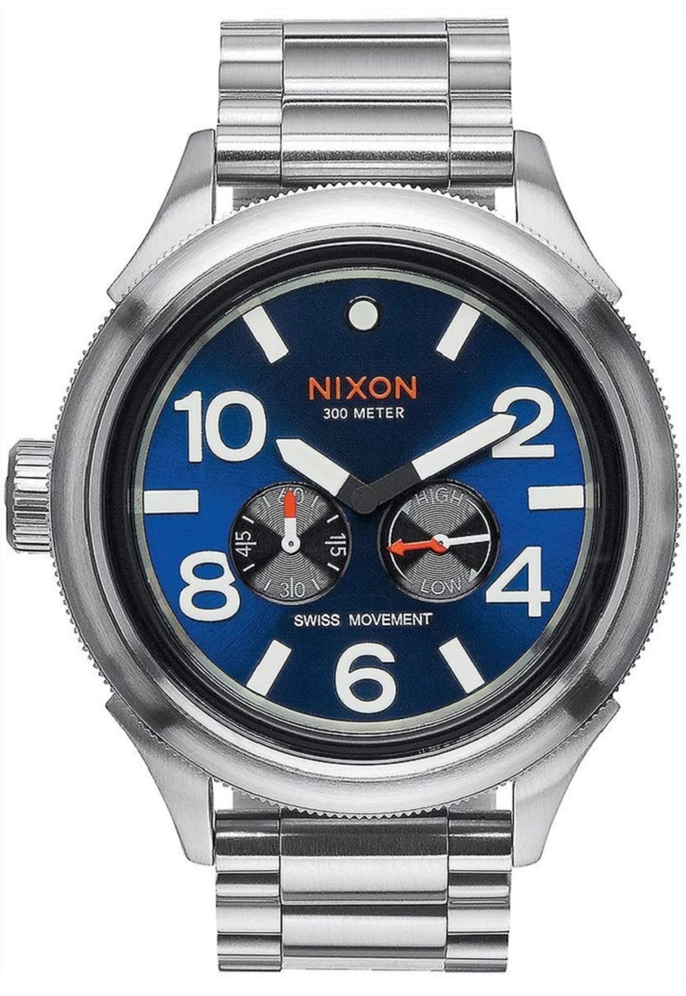 NIXON October Tide A4741258 Watch, front view with silver stainless steel case and bracelet.