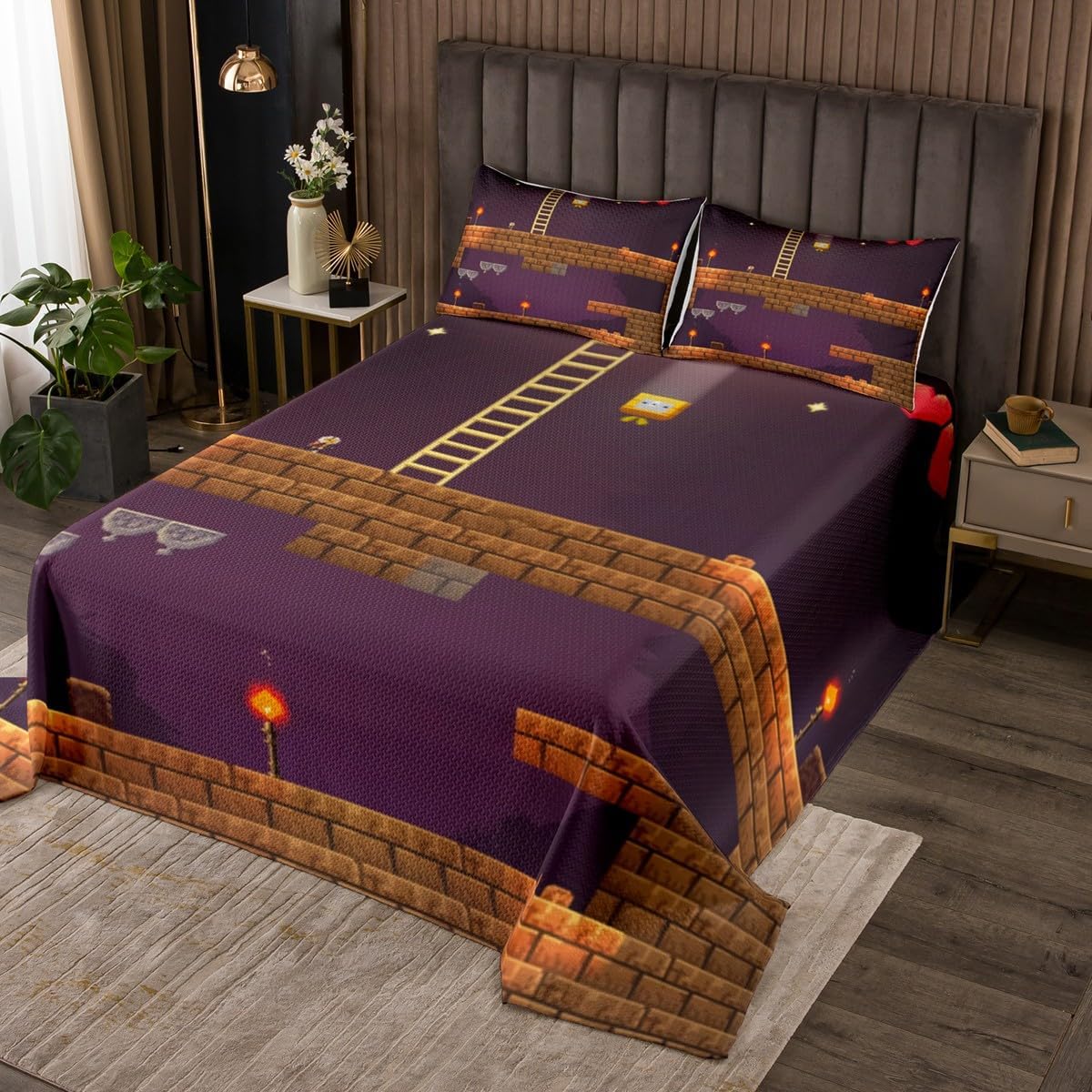 Homewish Video Games Bedspread Twin Size,Retro Brick Love Printed Bedding Set for Kids Boys Girls Room Decor,Gamer Gaming Purple Coverlet Set 2Pcs,Games Controller Vintage Quilt,1 Pillowcase