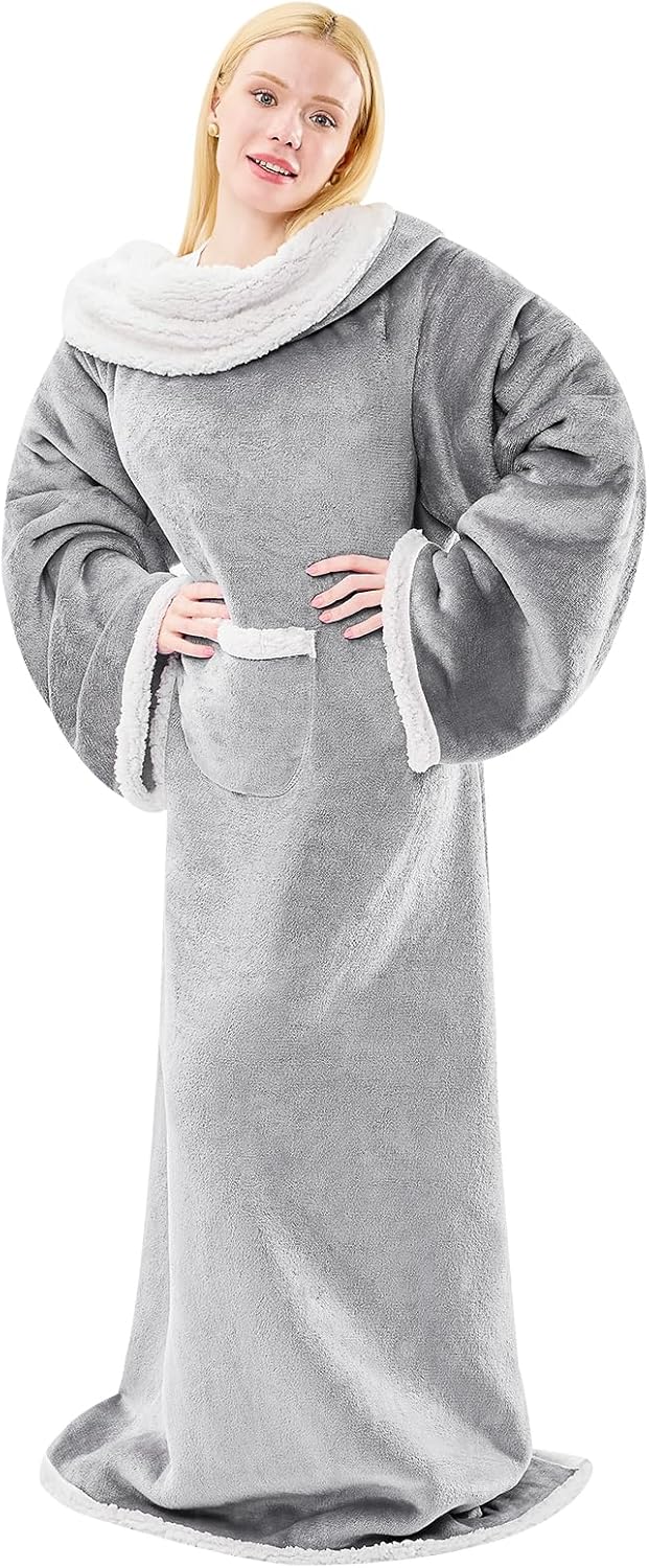 Sherpa Wearable Blanket with Sleeves for Women Men Adults, Cozy Wearable Blanket with Arm and Pocket, Warm Full Body TV Wrap Throw Blanket, Soft Robe Blanket as Gifts for Mom Wife, Grey