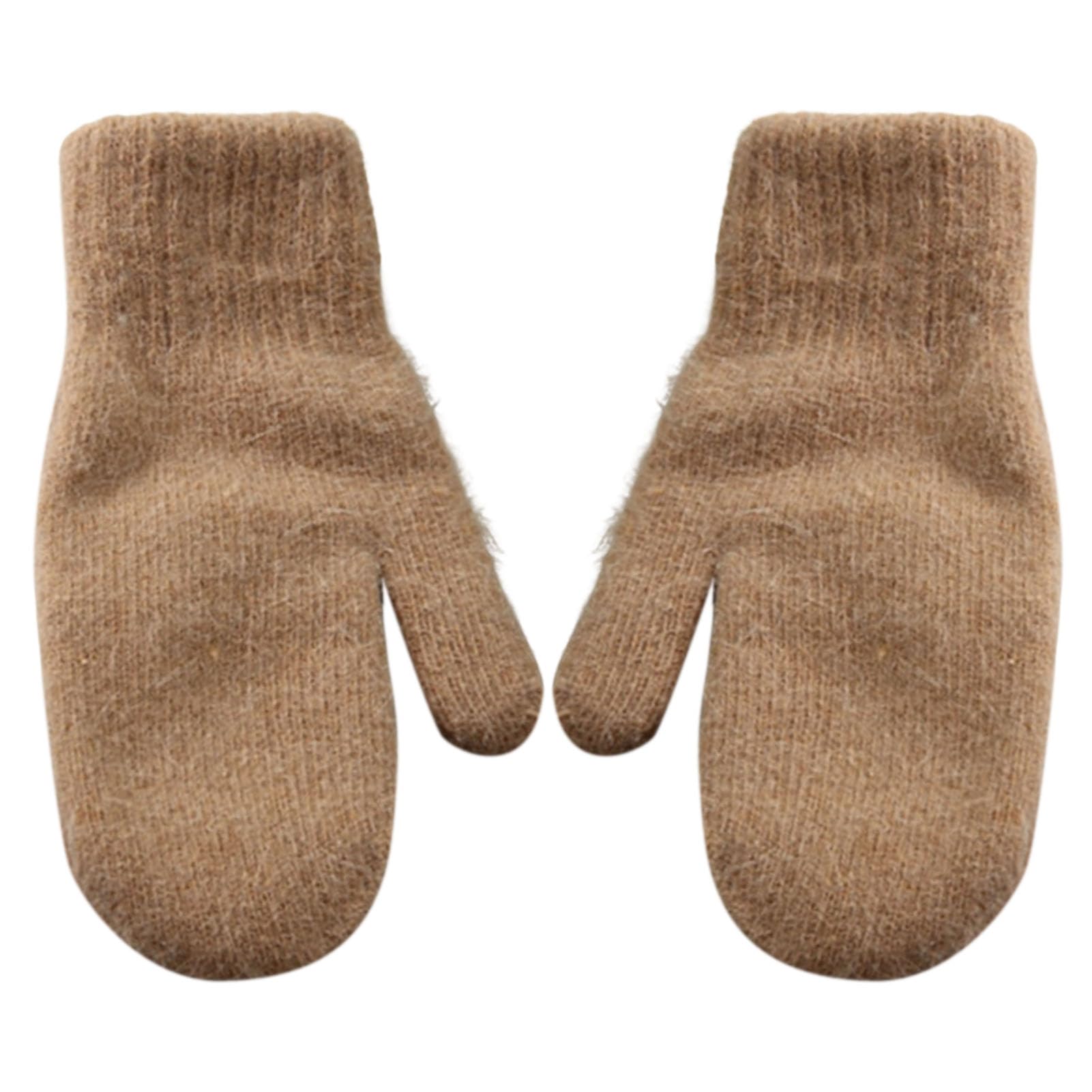 ulafbwur Ladies Mittens 1 Pair Women Mittens Double-layers Cute Stretchy Soft Thickened Cold Resistant Solid Color, Khaki, One Size