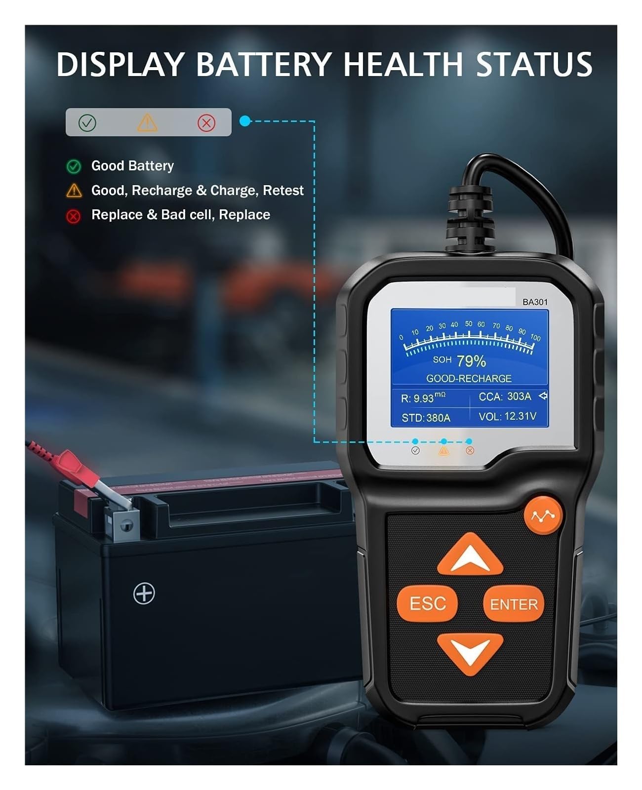 Tester per batteria auto, BA301 Tester for batterie for auto Prova di avviamento for moto 2000 CCA Analizzatore caricabatterie for for barche Strumenti for autoveicoli