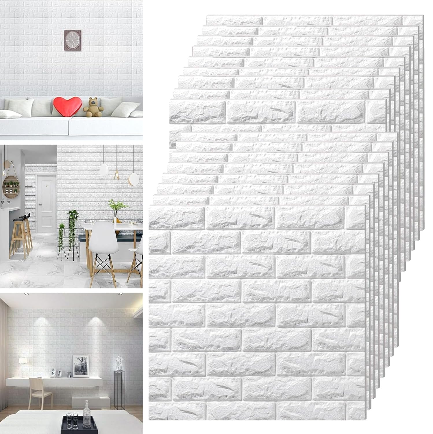 GOWALL 3D Foam Wallpaper Wall Panels Brick Self-Adhesive Waterproof PE Foam, Ceiling Wallpaper for Bedroom Furniture, 57.5 Sq.Ft Peel and Stick 3D Brick | 70cmX70cm (Pack of 15, White)