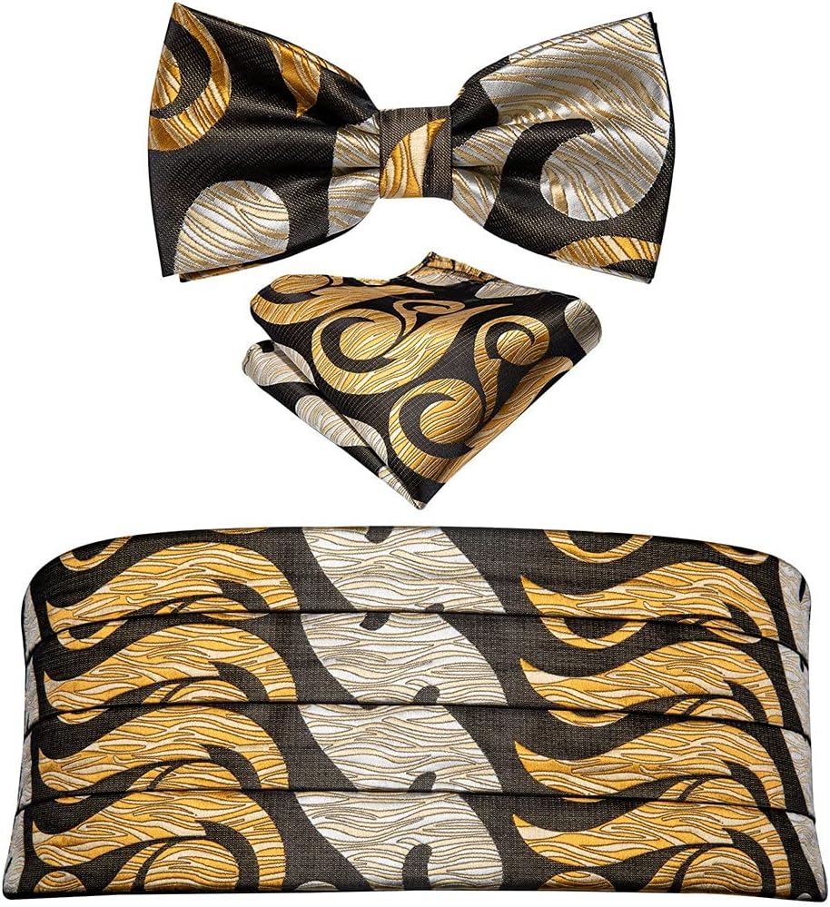 Men Gold Cummerbund Black Bow Tie Silk Floral Set Pocket Square Cufflink Formal For Tuxedo Suit