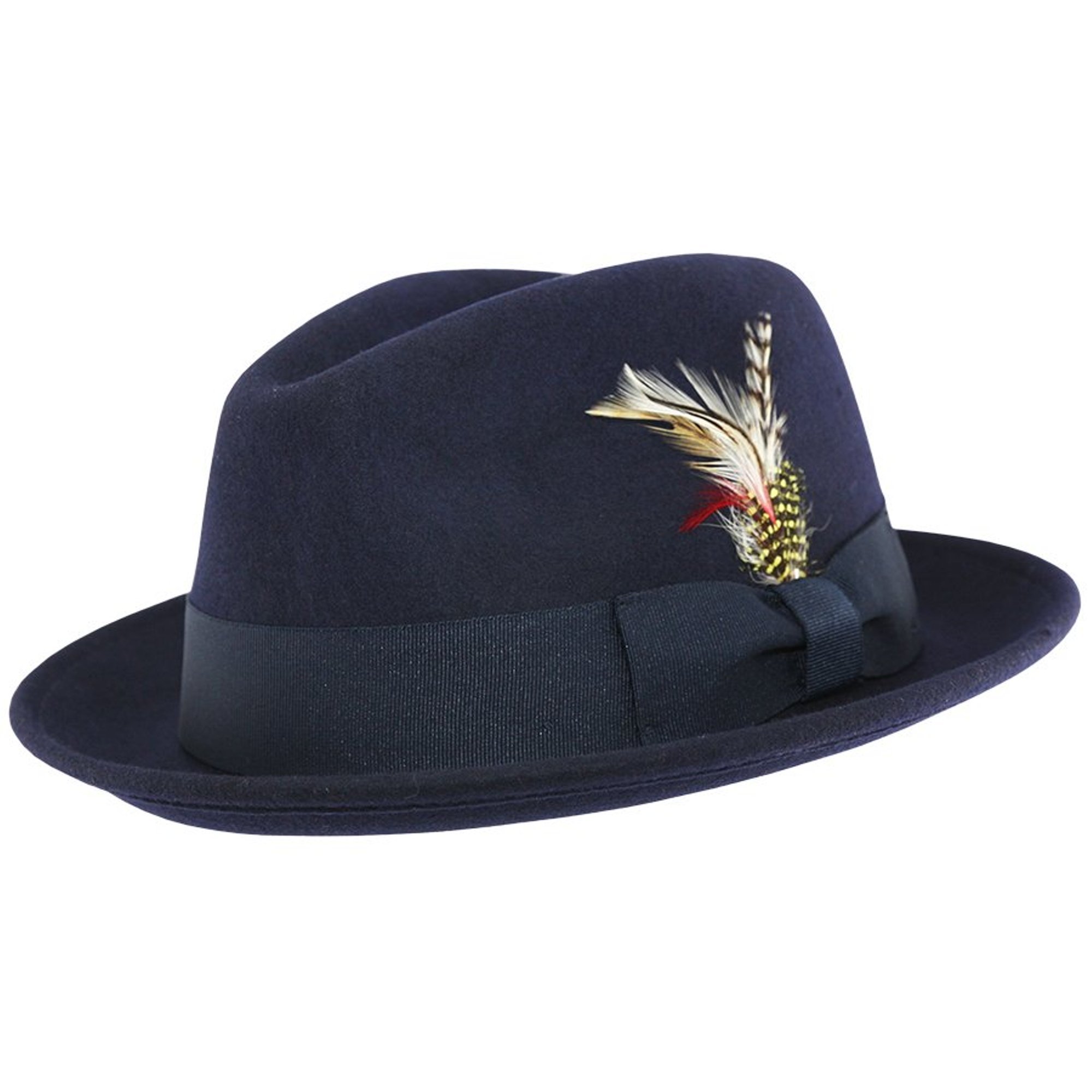 Unisex Crushable Hand Made C-Crown Felt Fedora Trilby Hat with Removable Feather 100% Wool (Large(59), Navy)
