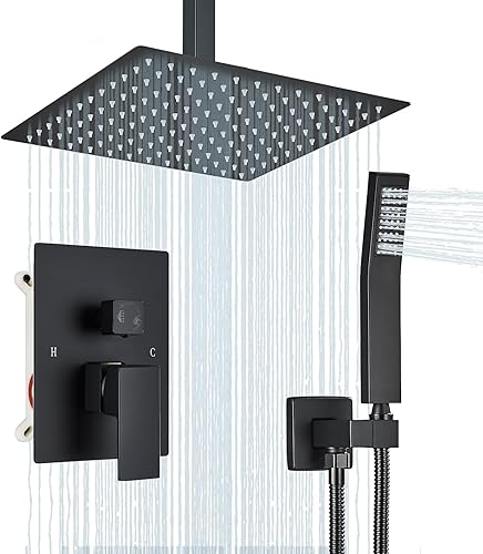 Saetow Sistema de ducha negro mate de montaje en el techo, cabezal de ducha de alta presión de 12 pulgadas con rociador de mano, juego combinado de