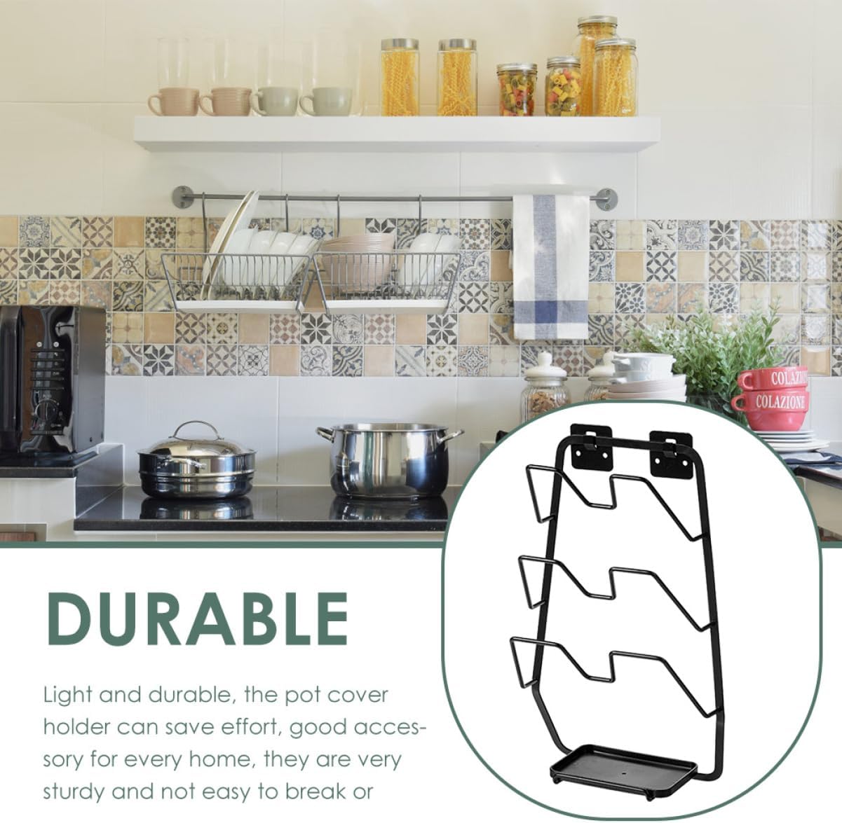 Kitchen Wall Hanging Organizer Rack Non Skid Pot Cover Chopping Board Holder No Drilling Required Storage for Pots Plates and Lids