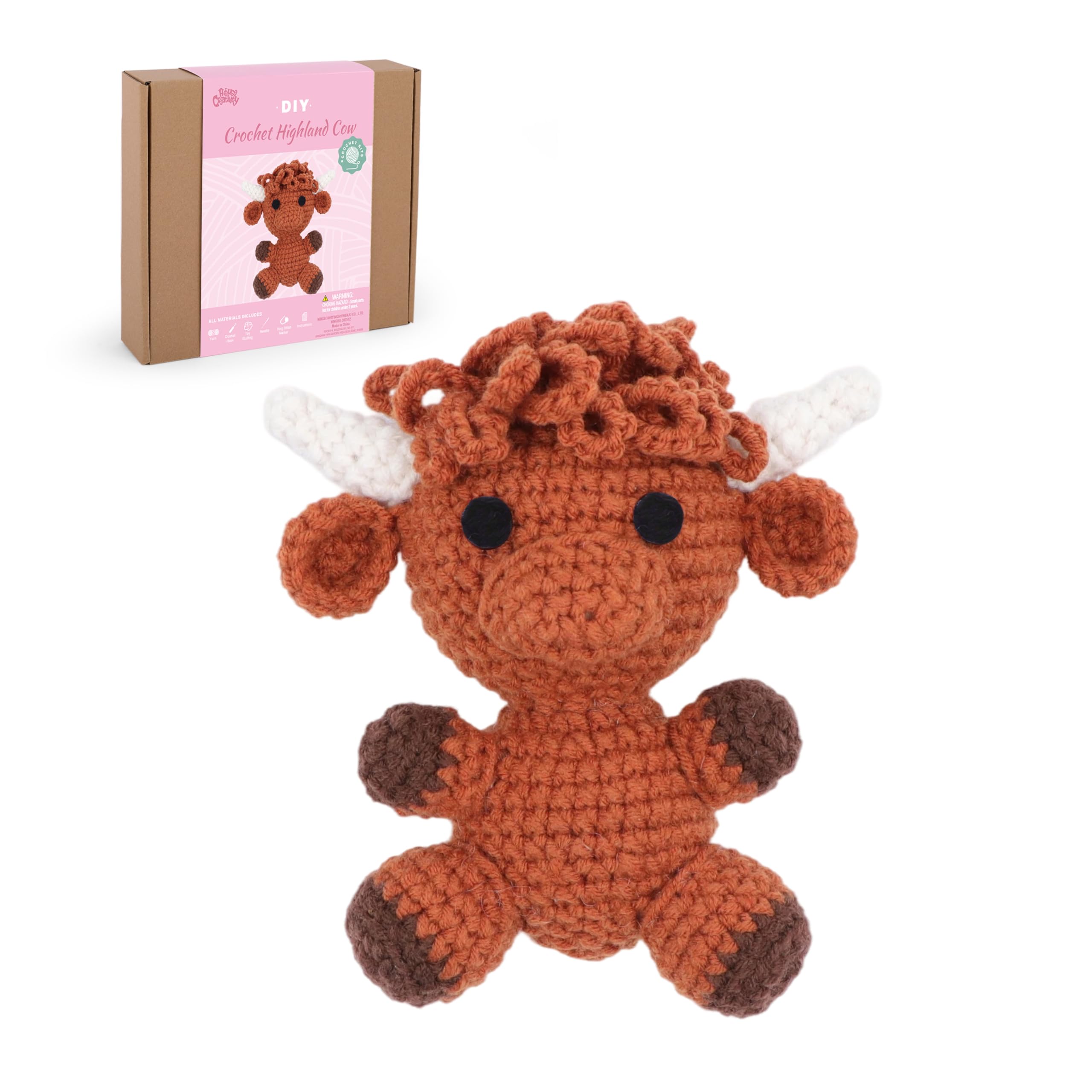 HOUSE CREATIVITY Crochet Kit for Beginners, Make a Highland Cow, Amigurumi Starter Kit with Step-by-Step Video Tutorial, Yarn, Hook &amp; Stuffing, Stress Relief DIY Craft Gift for Adults