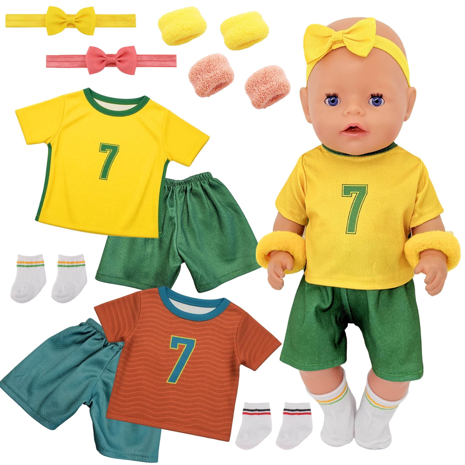 Atomvia Doll Clothes for 35–43 cm Dolls, 2 PCS No.7 Football Outfit Set with Yellow Green & Red Green Jerseys, Headbands, Wristbands and Sports Socks, Baby Doll Sports Clothes