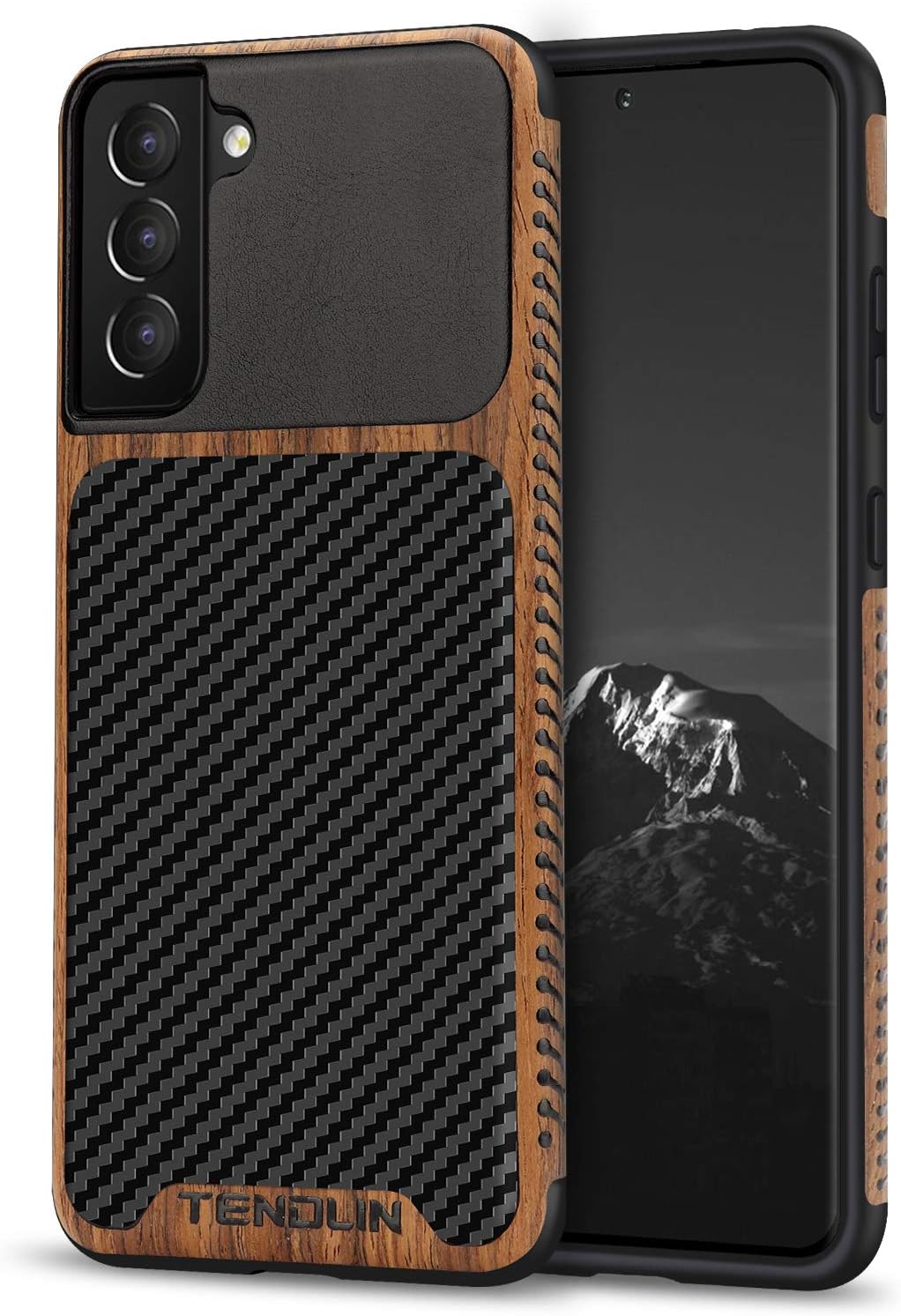 TENDLIN Compatible with Samsung Galaxy S21 Case Wood Grain with Carbon Fiber Texture Design Leather Hybrid Case Black