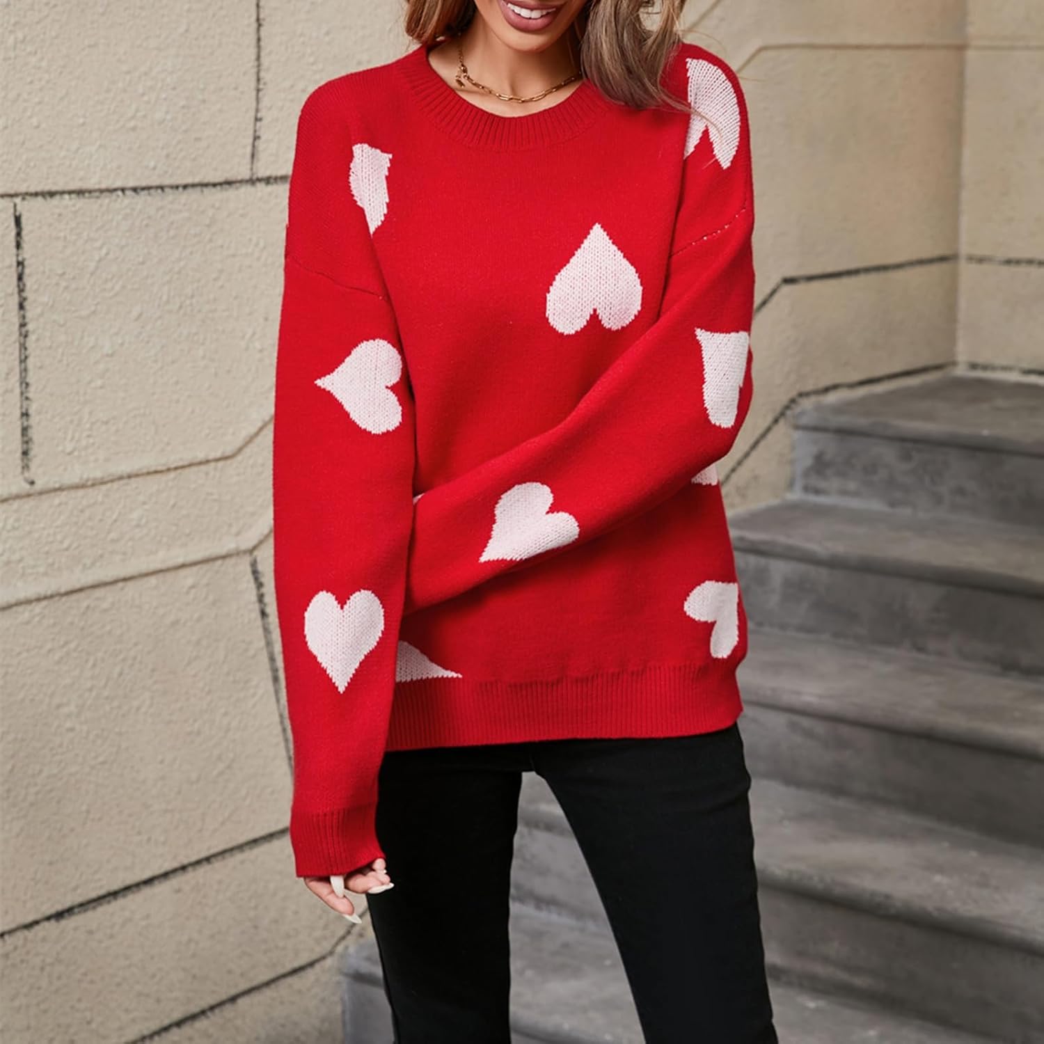 Women Y2k Valentines Oversized Knit Sweater Heart Print Long Sleeve Crew Neck Loose Pullover Tops Streetwear - Image 3