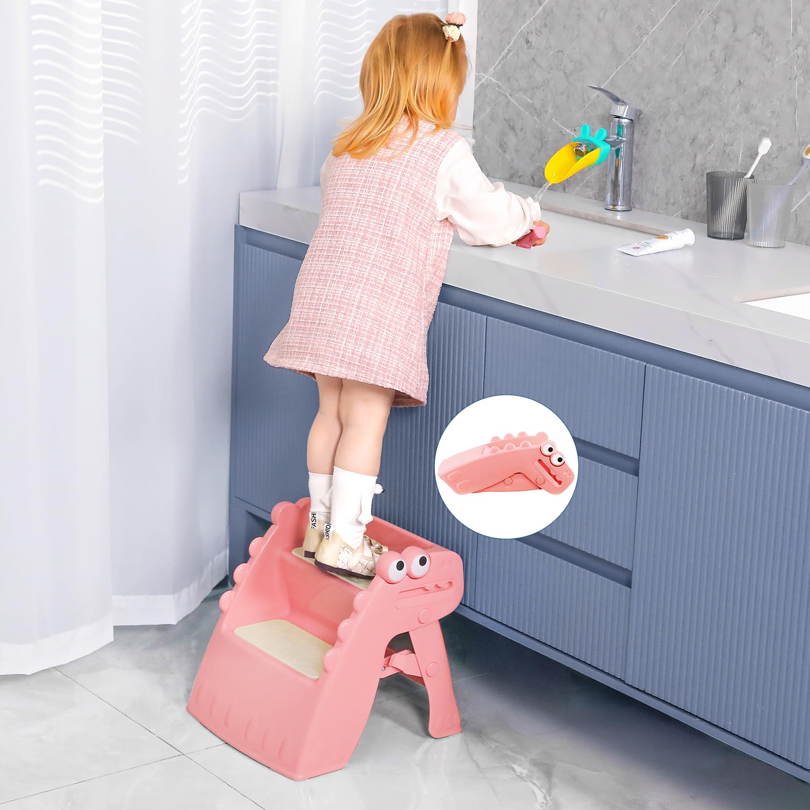 Tritthocker Kinder, Hocker Kinder Klappbar Tritthocker 2 Stufen, Rutschfester Hocker Kinder Bad Anti-Kipp Trittschemel für Baby Kinderhocker für Badezimmer und Küche (Rosa)
