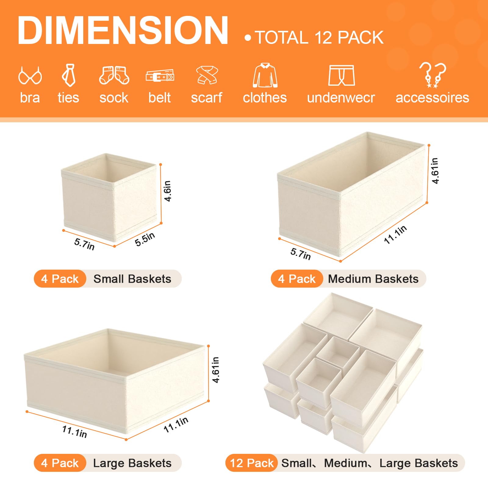 Organizer per cassetti e vestiti, confezione da 12, organizer per armadio e vestiti per bambini, biancheria intima, calzini, beige