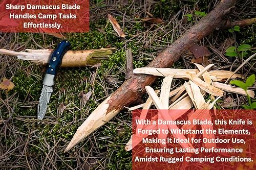 Miniatura 8 de Cuchillo de bolsillo plegable de Damasco forjado a mano con funda de cuero, cuchillo plegable de bloqueo trasero de Damasco hecho a mano, cuchillo