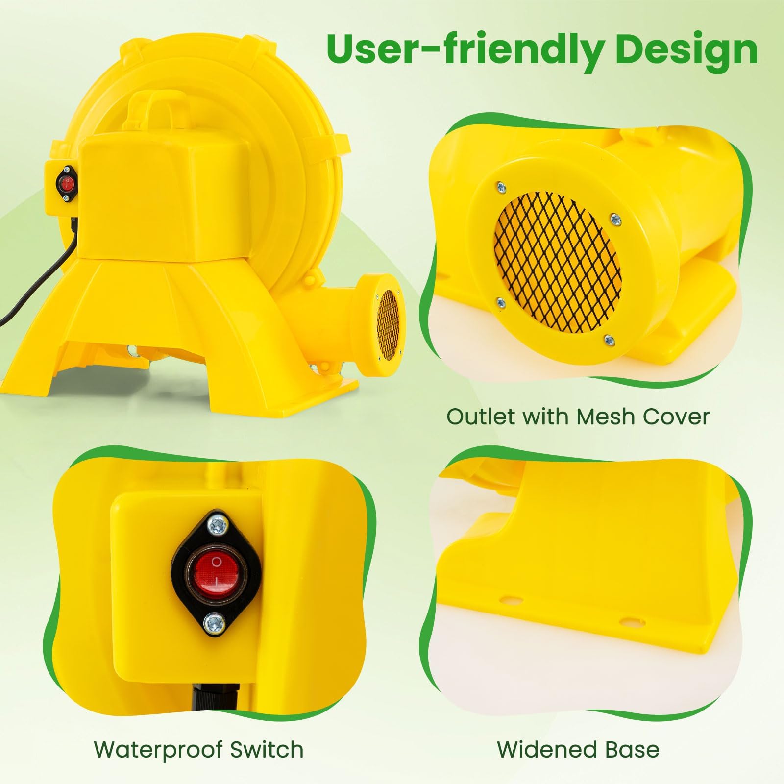 FANTASK Bomba de Ventilador para Castillo Hinchable, 850 W, para Juguetes inflables, soplador con Mango y Anclaje al Suelo