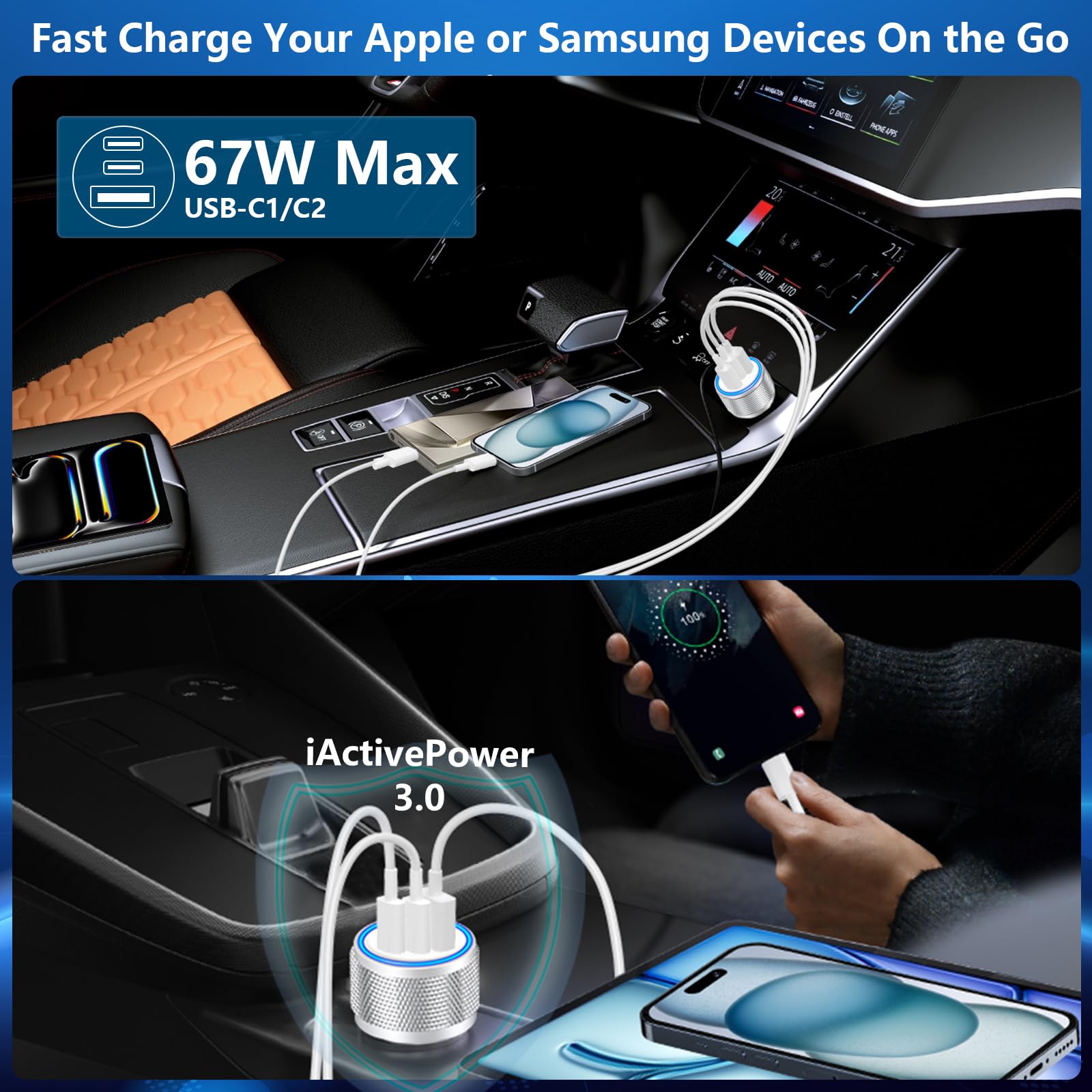 Amazon.com: USB C Car Charger, Rombica 2Pack 3Port 67W Dual USB-C&USB-A Car  Power Cigarette Lighter USB Charger 3 in 1 PD/QC Type C Car Charger Fast  Charge for iPhone 17 17 Pro