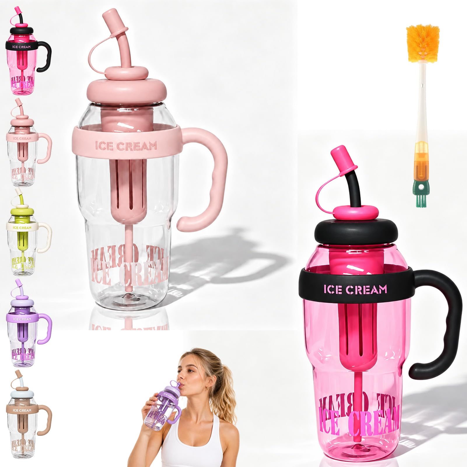 Stylish Large Capacity Sports Water Bottle with Straw, 1300ml Summer Handle Plastic Cute Large Capacity Ice Cup, Convenient Cup with Tea Infuser for Camping Hiking Summer Outdoor Sports (2pc-g)