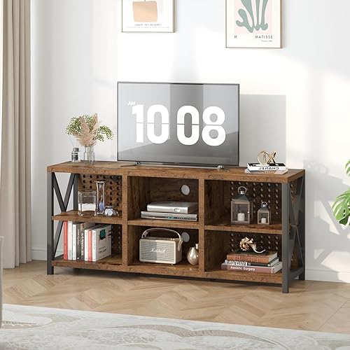 Miniatura 45 de LVB Centro de entretenimiento rústico para TV de 65 pulgadas, soporte de TV industrial de madera y metal con estante de almacenamiento, mesa consola