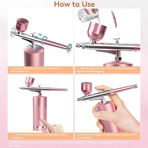 Miniatura 6 de Kit de aerógrafo con compresor  Juego de cepillos de aire de alta presión recargables de 48 PSI con boquilla de 0.012 in y cepillo de limpieza para