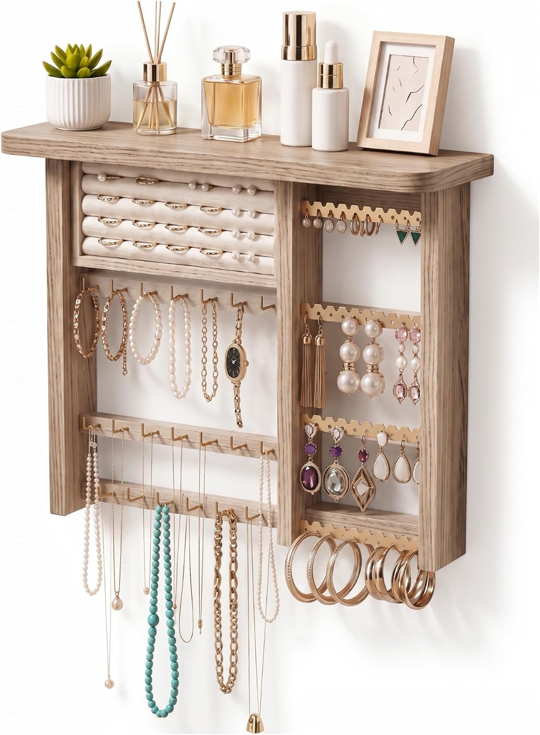 Lolalet Hanging Jewelry Organzier, Wall Mounted Wooden Jewelry Holder-White