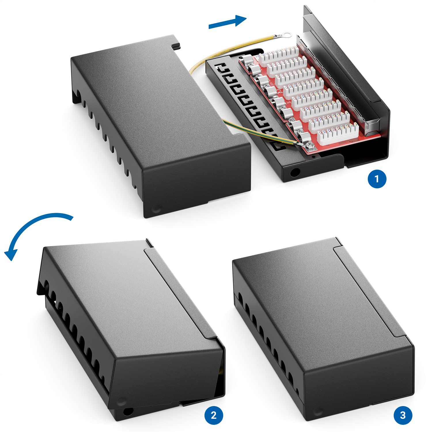 deleyCON CAT 6a Panneau de Brassage Panneau de Distribution 8 Ports 1 UH Desktop & Mural Blindé 8x Prise RJ45 LAN Câble D'installation Réseau TIA568A TIA568B RAL 9005 Noir