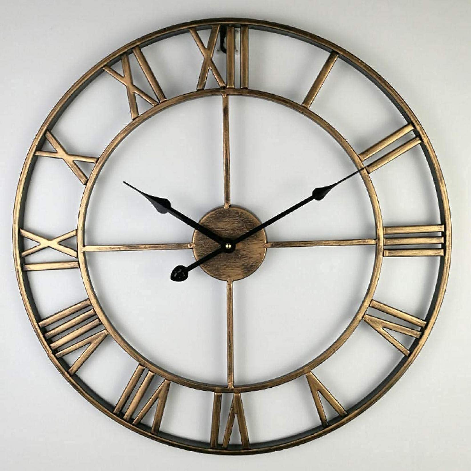 Cichy zegar ścienny, duży ogród zewnętrzny z dużymi cyframi rzymskimi, otwarta tarcza, vintage złoty metal, kute żelazo 40 cm (16 cali)