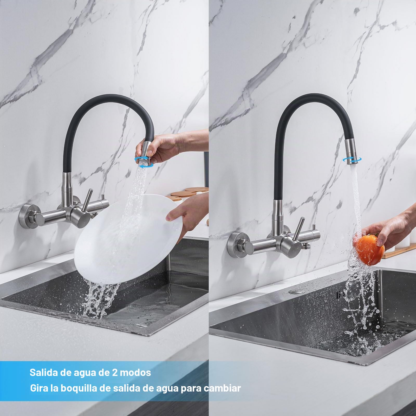 Grifo de Cocina Pared Monomando 360° Acero Inoxidable 304 Cepillado 3/4
