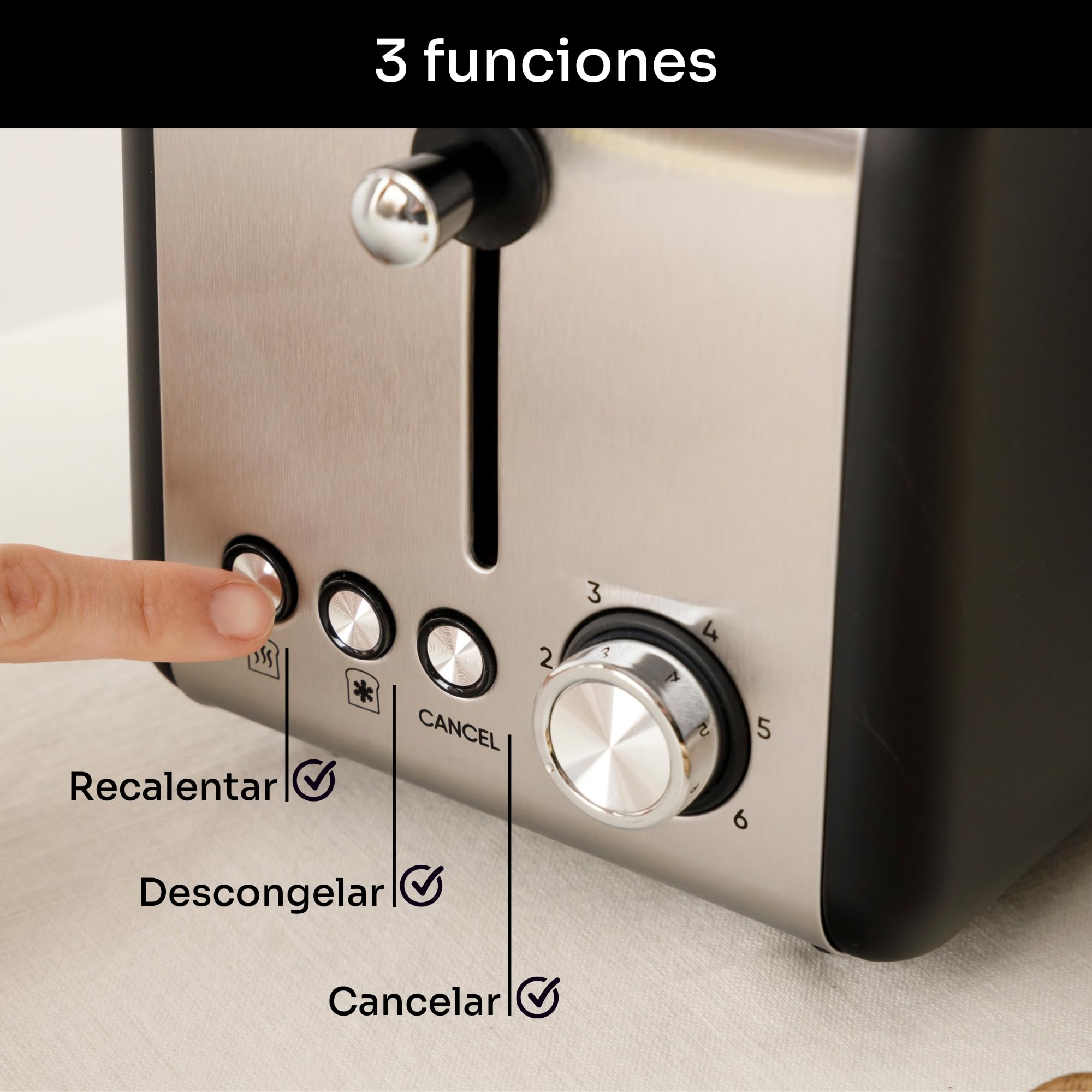 Mellerware - Tostadora Crispy! Inox 850W | 3en1 (Recalentar, Descongelar, Tostar) | 6 Funciones | Ranuras 14x4cm | Bandeja Recogemigas | Diseño Único Vintage | Silenciosa | Libre de BPA | Negro