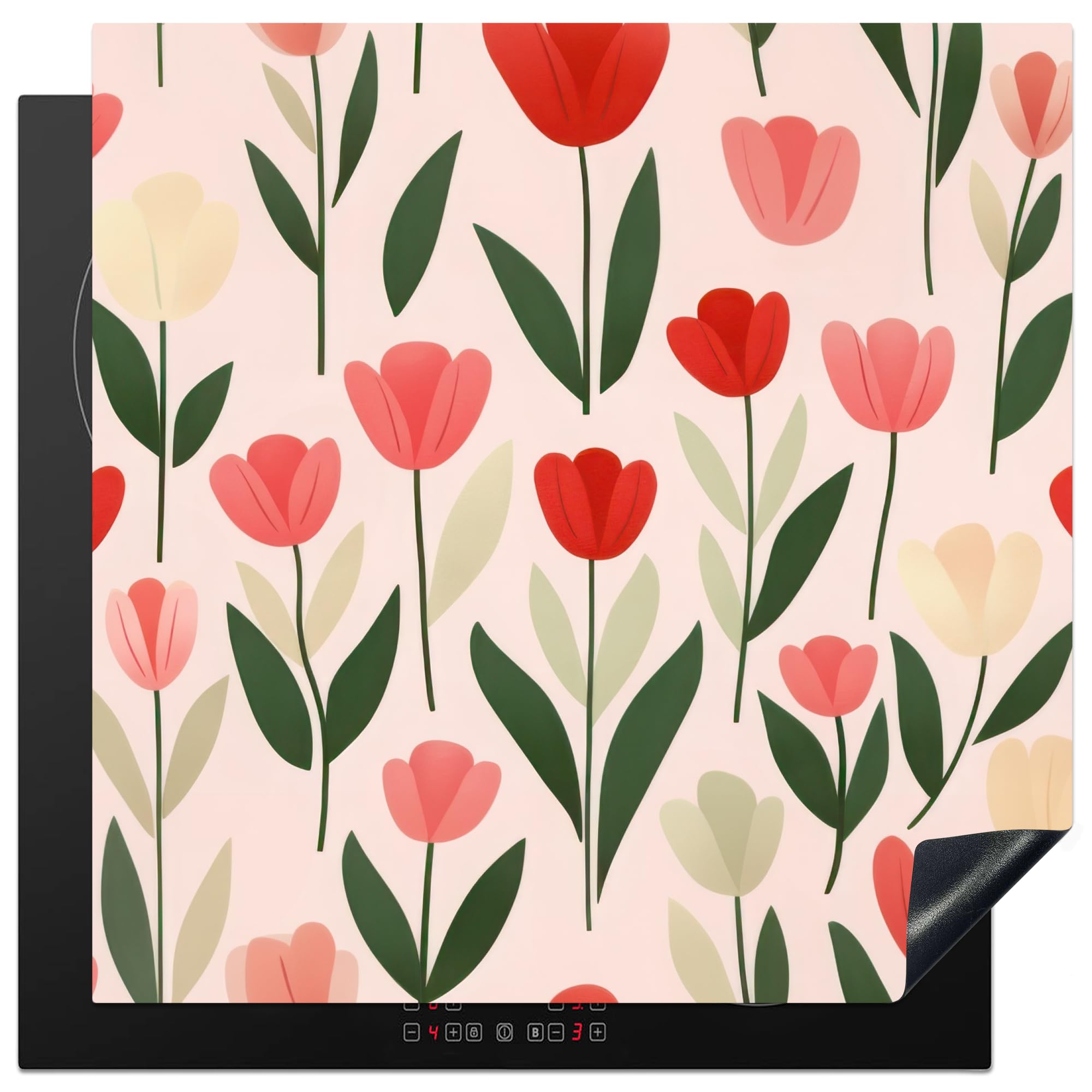 KitchenYeah© Induction Hob Protector Mat 30.7"x30.7" / 78x78 cm Stove Cap Top Cover Kitchen Cooker Covers for Electric Hobs Vinyl Tulips - Modern - Pink