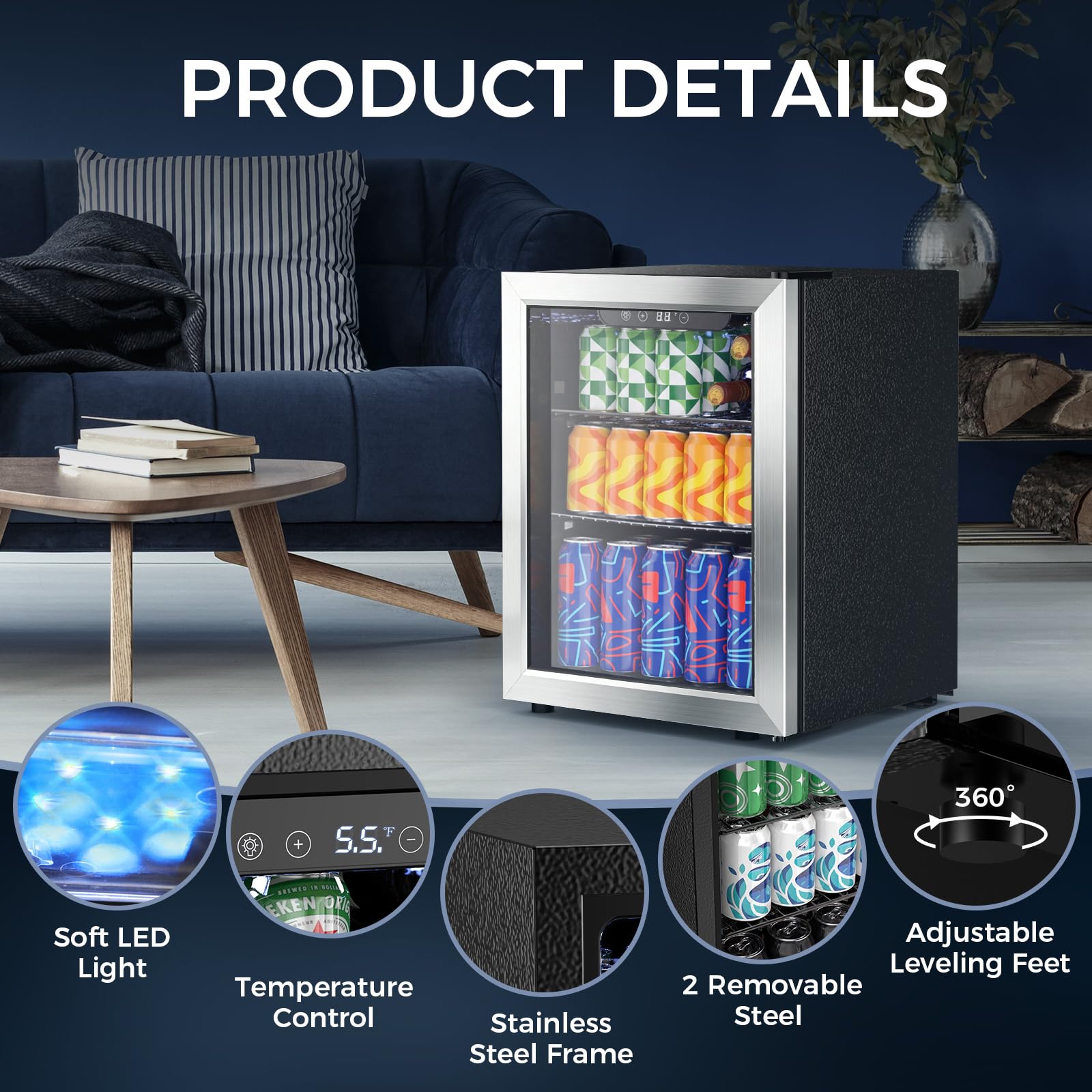 Cowsar 1.7 Cu Ft Beverage Refrigerator And Mini Fridge Cooler - 68 Can Capacity, Glass Door, Quiet Operation, LED Temperature Control, Holds 16 Wine Bottles For Bar, Home, Office on Fridge.com - View 5