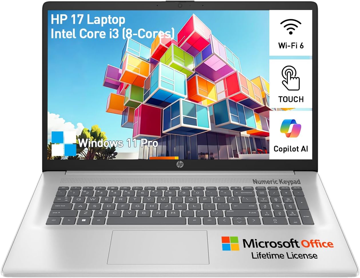 HP 2025 17 Inch Touchscreen Laptop Computer, 17.3 HD+ Touch Screen Notebook PC, Intel Core i3 (8-Cores), 16GB RAM 1TB SSD+128GB UFS, Windows 11 Pro Lifetime Office, Number Pad, USB-C