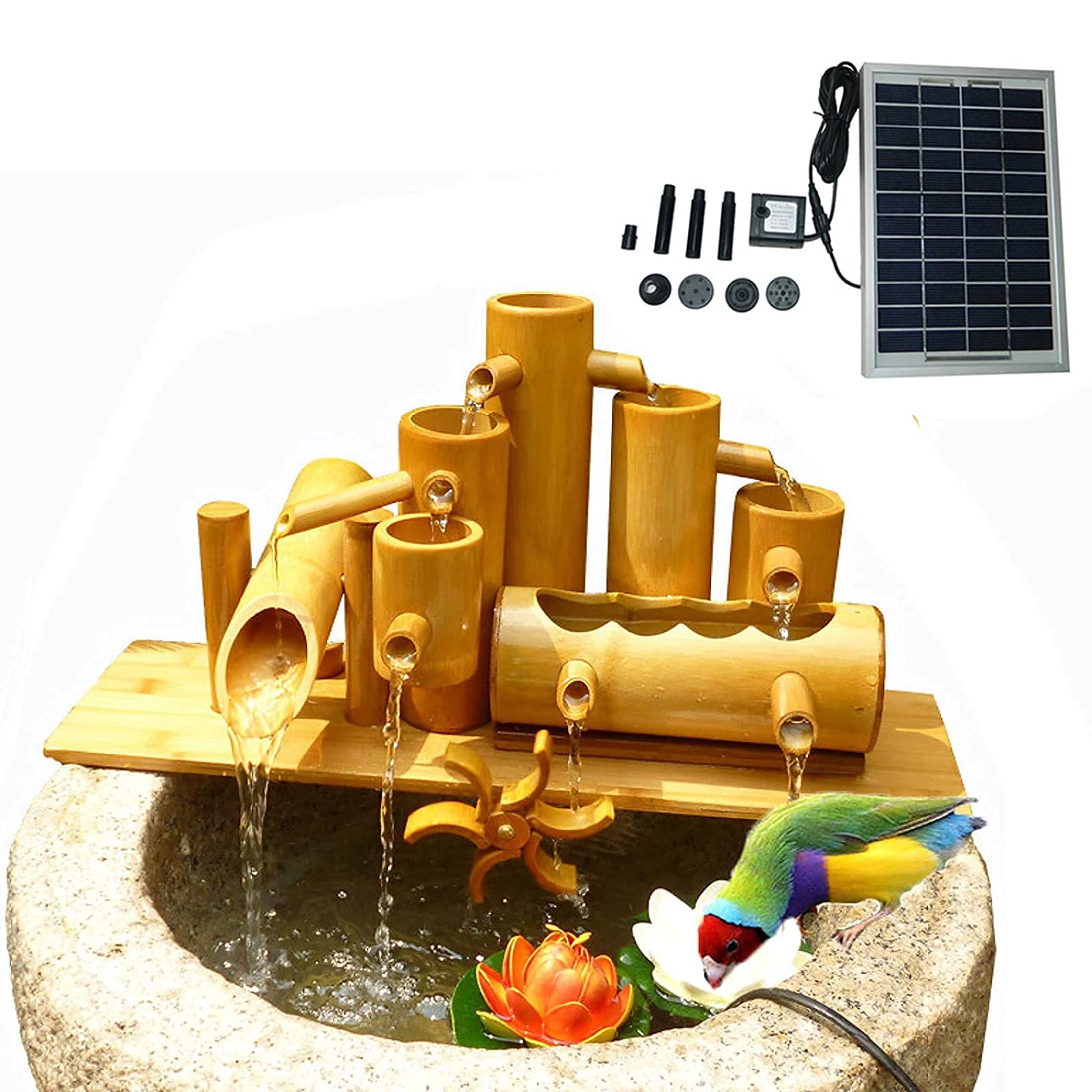 Aioneer Water Features for the Garden, Bamboo WaterOrnaments,Solar Fountain Pump, Solar Water Fountain, 5W Pump,Bamboo Fountain for Pond, Fish Tank, Garden,50cm Decoration