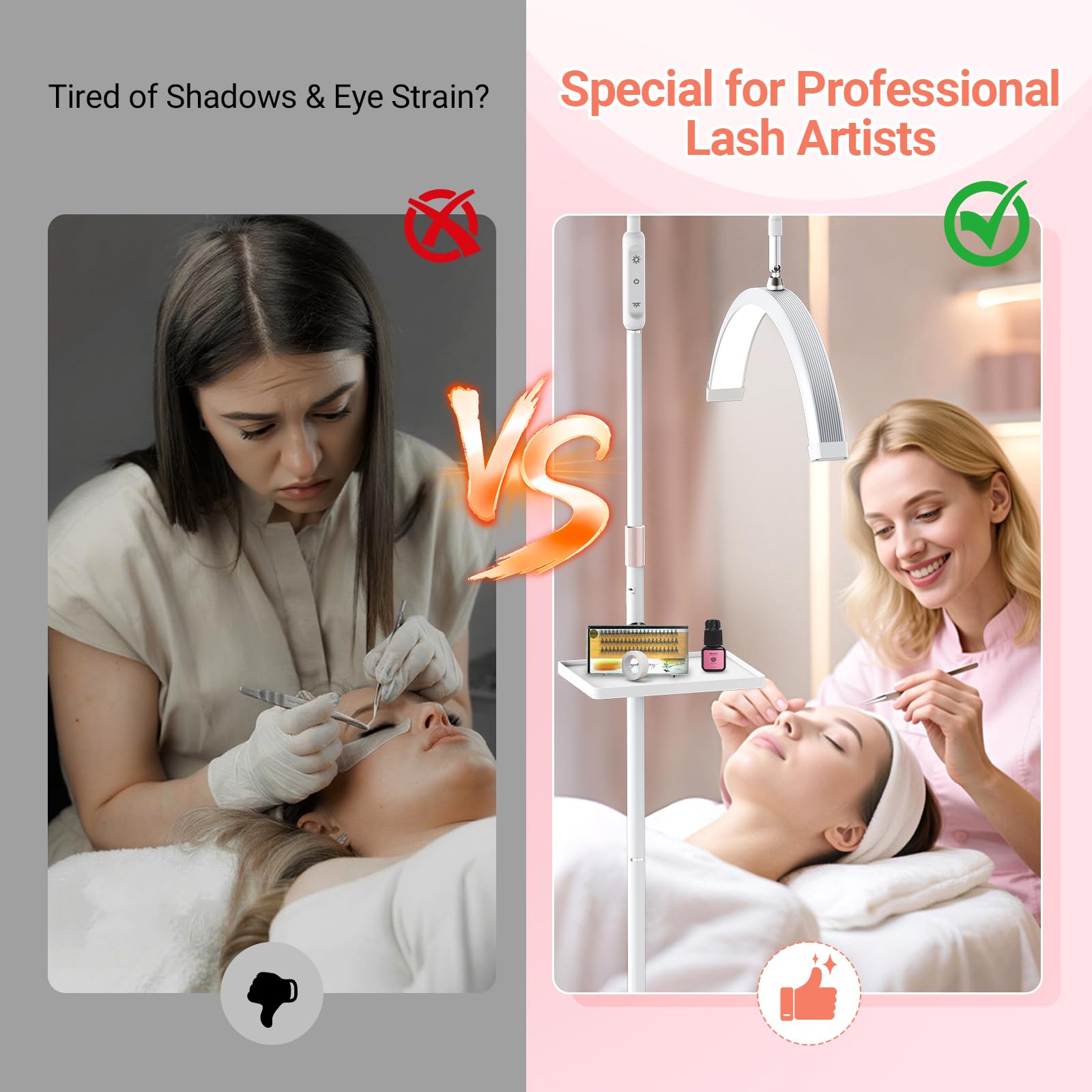 Lampara Extensiones de Pestañas: 18" Plegable Lampara LED de Pie Para Pestañas con 5 Colores Regulables & Rotación de 360° para Salón, Hogar, Blanco